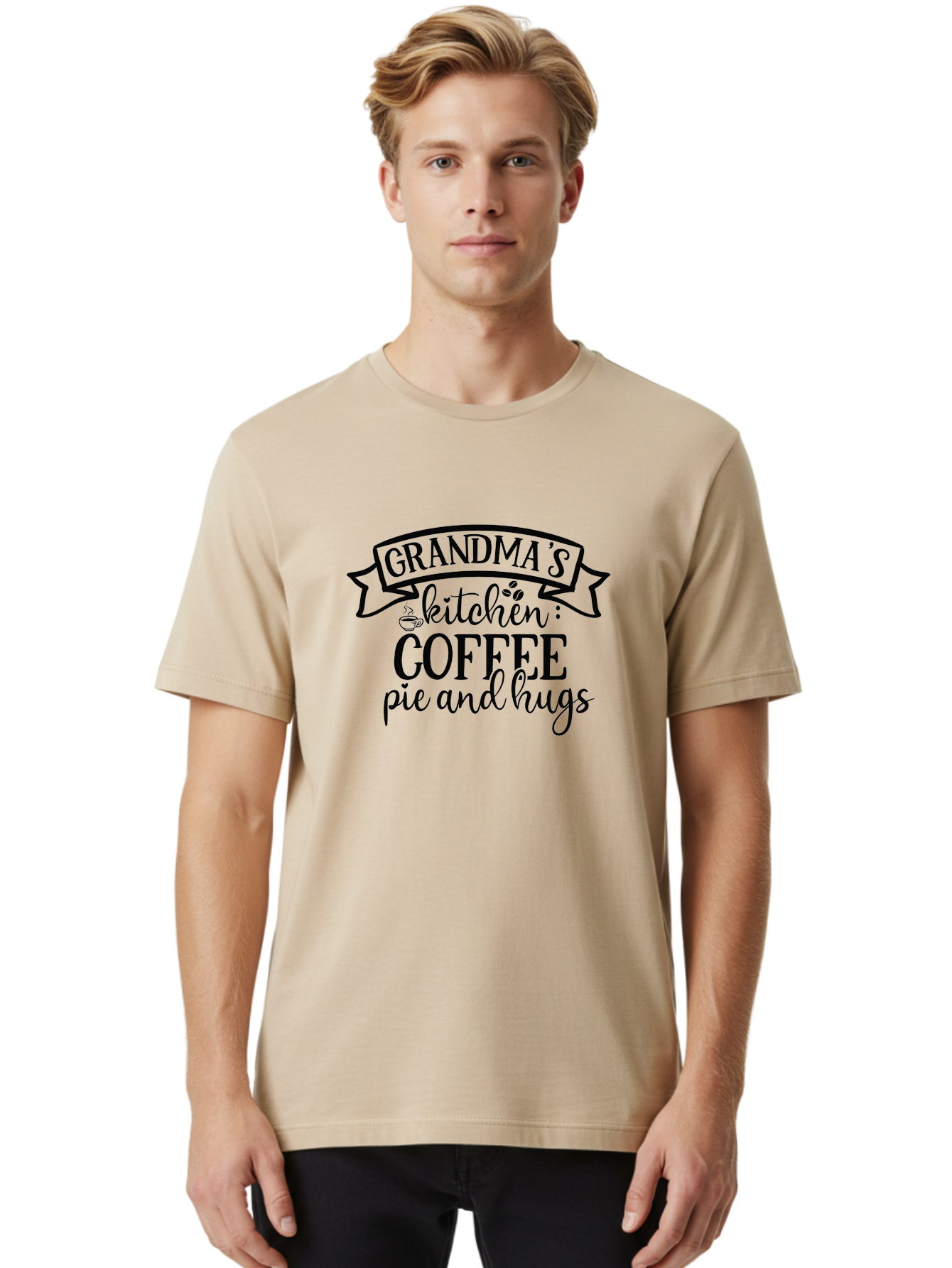 Grandma-S-Kitchen Men'S Graphic Tee, 100% Cotton, Comfortable Casual Summer Wear, Machine Washable, Grandma'S Kitchen, Coffee, Pie, Hugs, Grandmotherly Love, Warm Hospitality, Cozy Atmosphere, Family Traditions, Homemade Treats Aad406