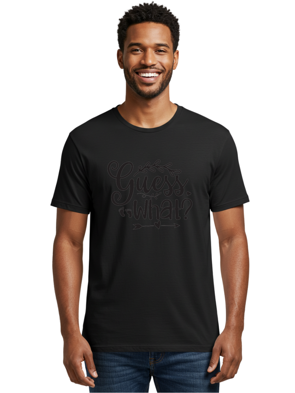 Guess-What Men'S Graphic Tee, 100% Cotton, Comfortable Casual Summer Wear, Machine Washable, Baby Announcement, Pregnancy Reveal, Baby Shower Invitation, New Arrival, Baby Feet, Arrow Design, Floral Wreath, Heart Symbol, Question Mark, Aad408