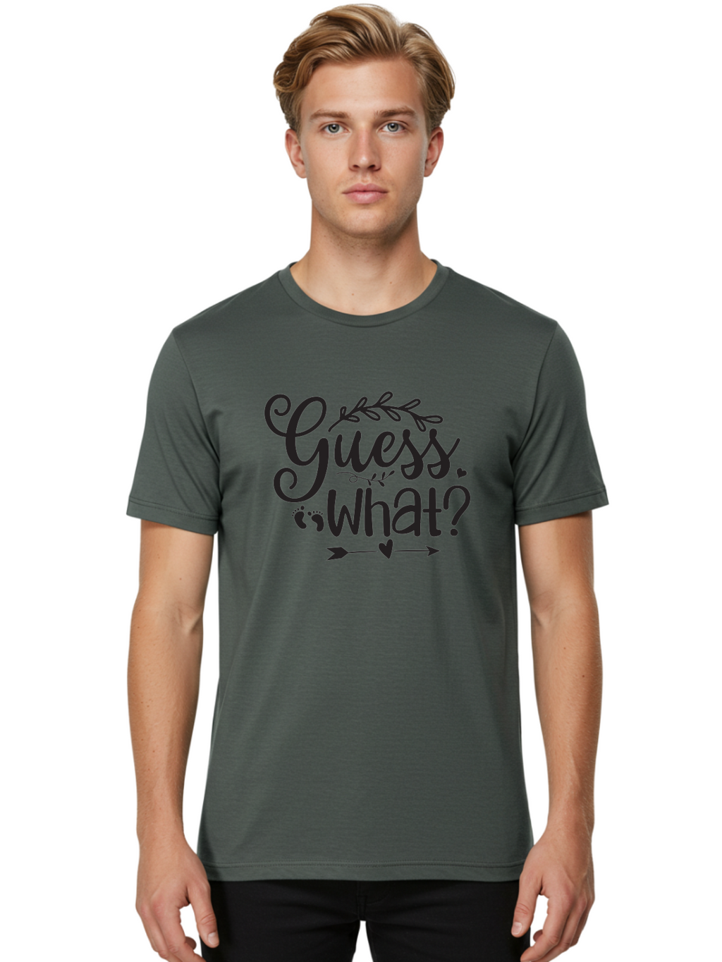 Guess-What Men'S Graphic Tee, 100% Cotton, Comfortable Casual Summer Wear, Machine Washable, Baby Announcement, Pregnancy Reveal, Baby Shower Invitation, New Arrival, Baby Feet, Arrow Design, Floral Wreath, Heart Symbol, Question Mark, Aad408