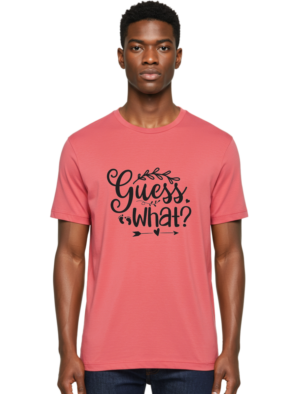 Guess-What Men'S Graphic Tee, 100% Cotton, Comfortable Casual Summer Wear, Machine Washable, Baby Announcement, Pregnancy Reveal, Baby Shower Invitation, New Arrival, Baby Feet, Arrow Design, Floral Wreath, Heart Symbol, Question Mark, Aad408