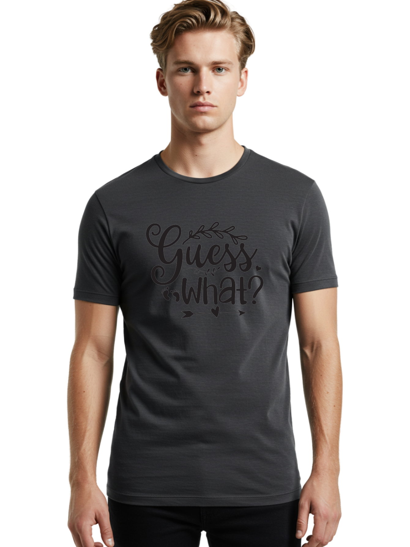 Guess-What Men'S Graphic Tee, 100% Cotton, Comfortable Casual Summer Wear, Machine Washable, Baby Announcement, Pregnancy Reveal, Baby Shower Invitation, New Arrival, Baby Feet, Arrow Design, Floral Wreath, Heart Symbol, Question Mark, Aad408