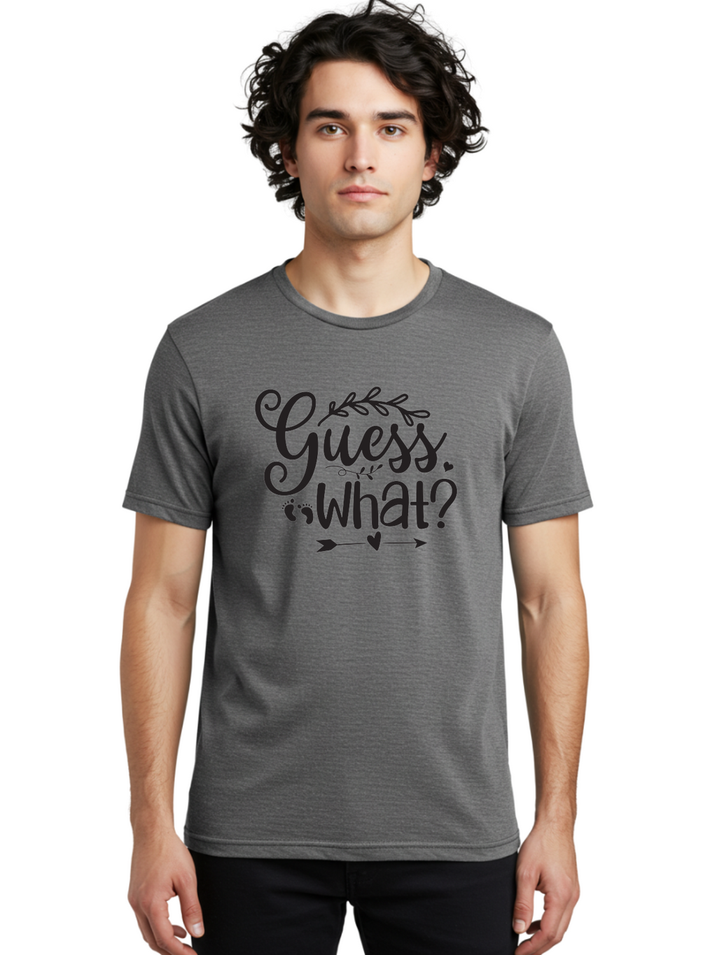 Guess-What Men'S Graphic Tee, 100% Cotton, Comfortable Casual Summer Wear, Machine Washable, Baby Announcement, Pregnancy Reveal, Baby Shower Invitation, New Arrival, Baby Feet, Arrow Design, Floral Wreath, Heart Symbol, Question Mark, Aad408