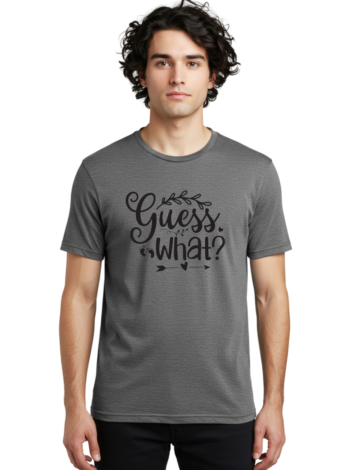 Guess-What Men'S Graphic Tee, 100% Cotton, Comfortable Casual Summer Wear, Machine Washable, Baby Announcement, Pregnancy Reveal, Baby Shower Invitation, New Arrival, Baby Feet, Arrow Design, Floral Wreath, Heart Symbol, Question Mark, Aad408