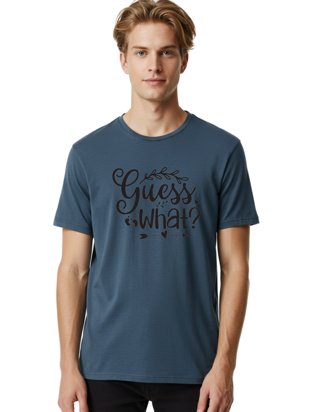 Guess-What Men'S Graphic Tee, 100% Cotton, Comfortable Casual Summer Wear, Machine Washable, Baby Announcement, Pregnancy Reveal, Baby Shower Invitation, New Arrival, Baby Feet, Arrow Design, Floral Wreath, Heart Symbol, Question Mark, Aad408