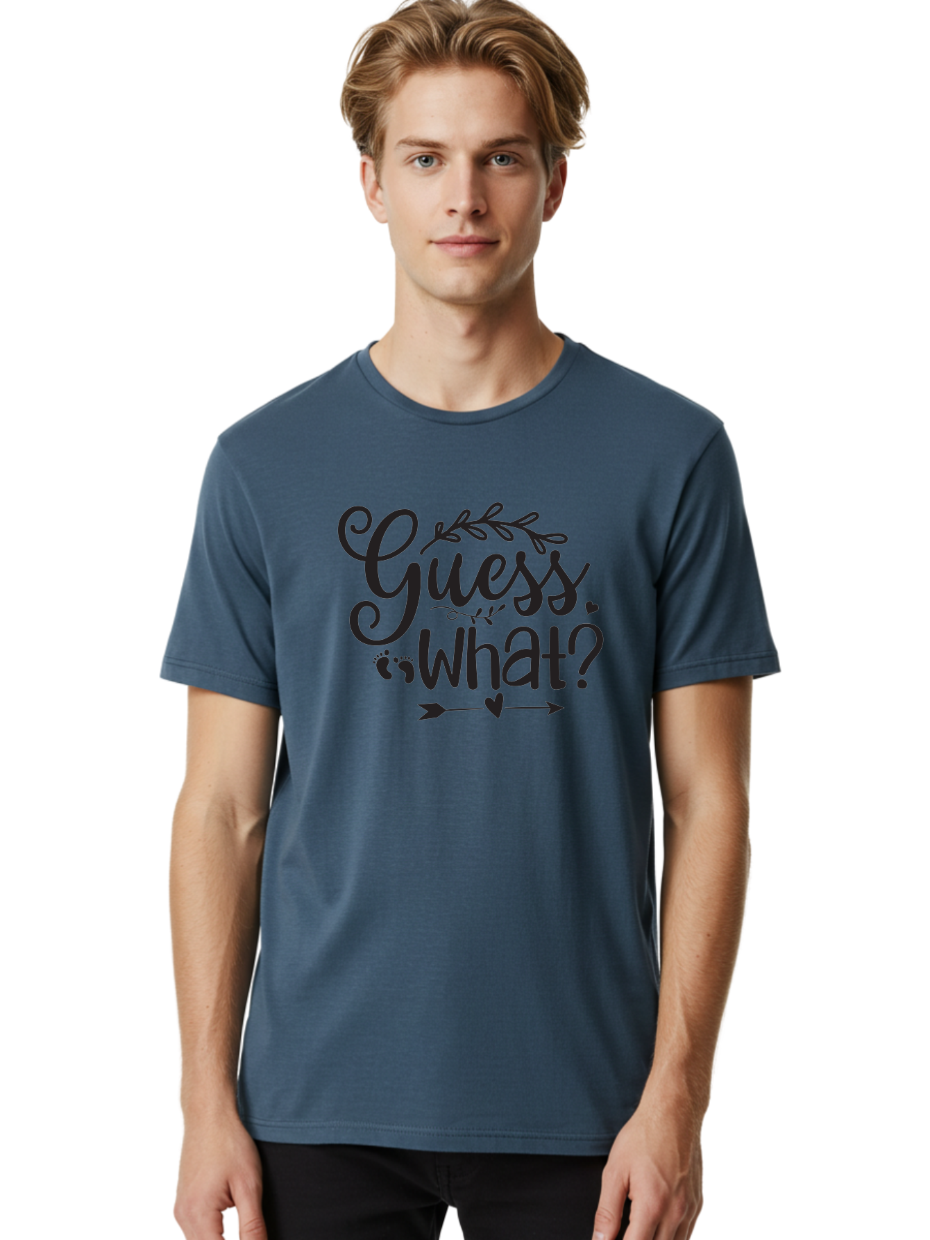 Guess-What Men'S Graphic Tee, 100% Cotton, Comfortable Casual Summer Wear, Machine Washable, Baby Announcement, Pregnancy Reveal, Baby Shower Invitation, New Arrival, Baby Feet, Arrow Design, Floral Wreath, Heart Symbol, Question Mark, Aad408