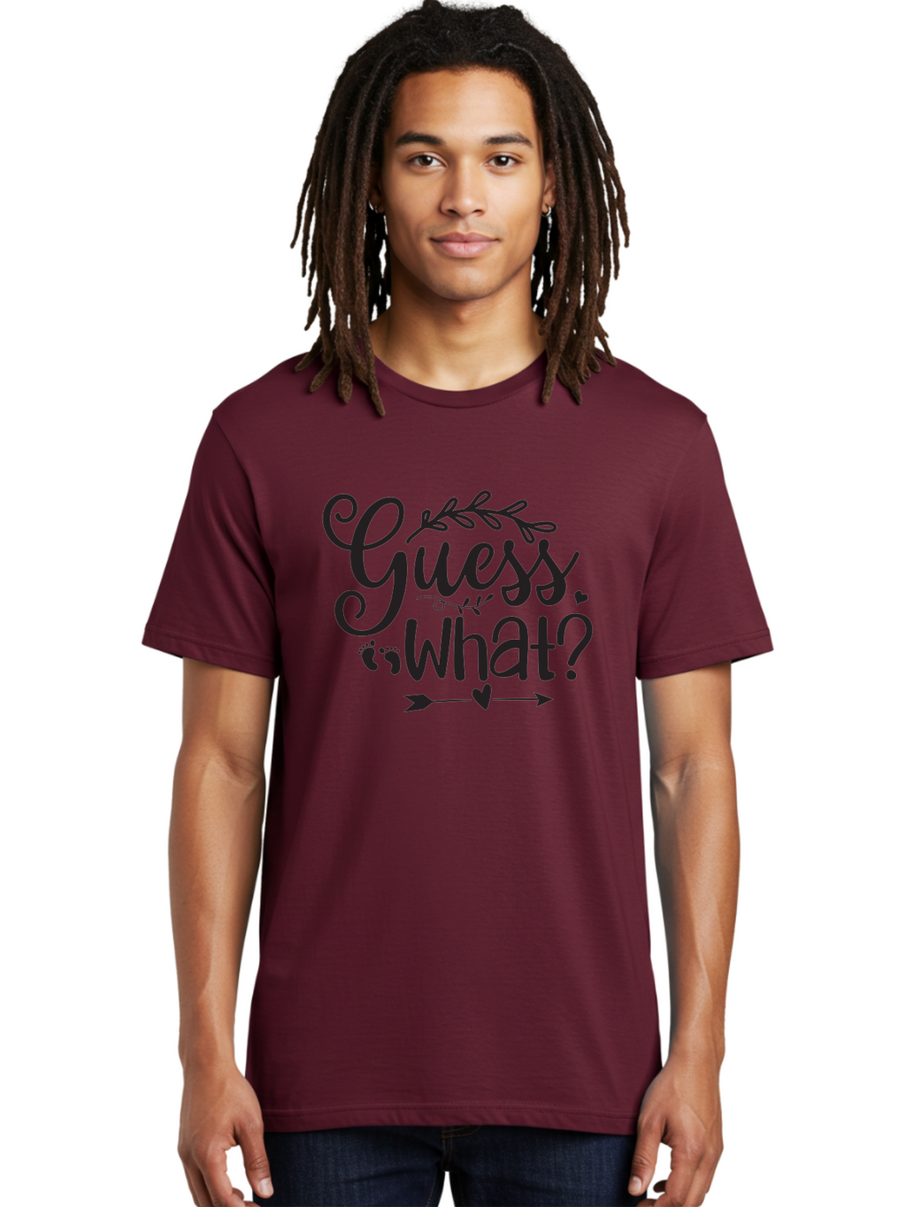 Guess-What Men'S Graphic Tee, 100% Cotton, Comfortable Casual Summer Wear, Machine Washable, Baby Announcement, Pregnancy Reveal, Baby Shower Invitation, New Arrival, Baby Feet, Arrow Design, Floral Wreath, Heart Symbol, Question Mark, Aad408