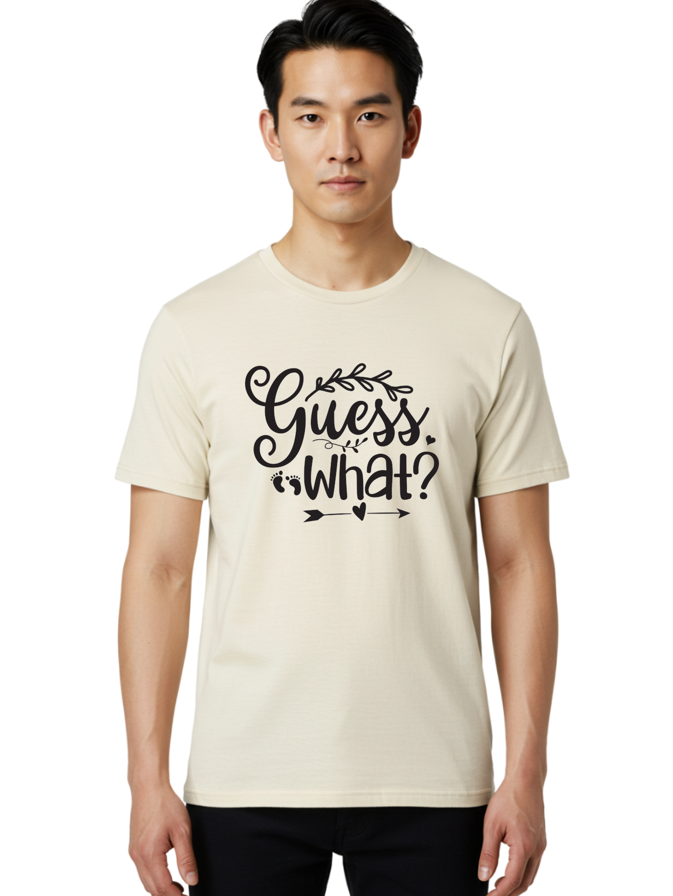 Guess-What Men'S Graphic Tee, 100% Cotton, Comfortable Casual Summer Wear, Machine Washable, Baby Announcement, Pregnancy Reveal, Baby Shower Invitation, New Arrival, Baby Feet, Arrow Design, Floral Wreath, Heart Symbol, Question Mark, Aad408