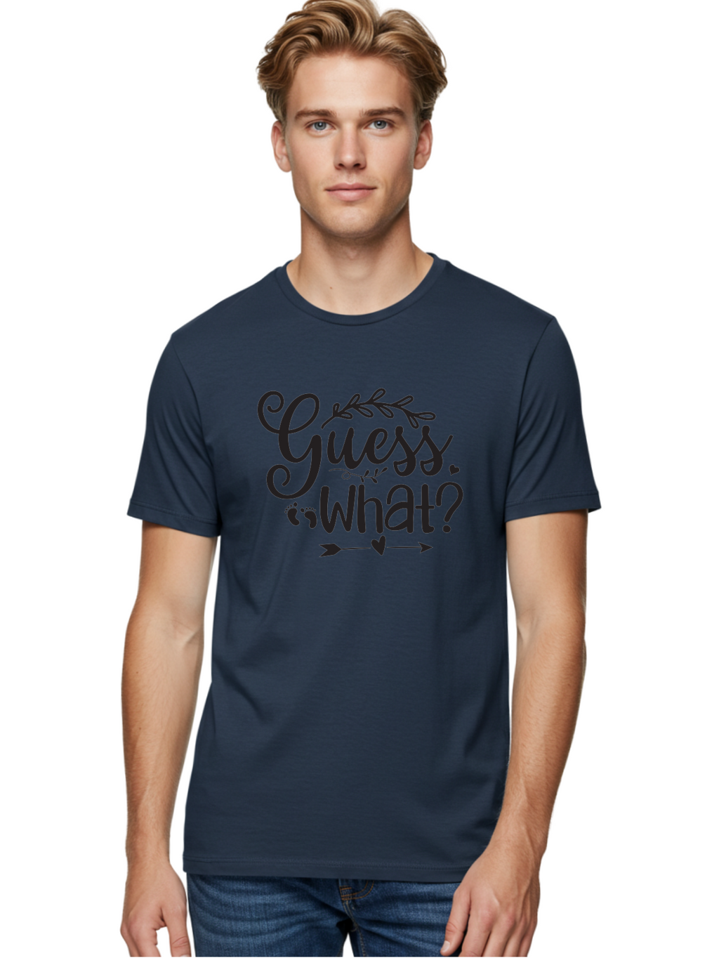 Guess-What Men'S Graphic Tee, 100% Cotton, Comfortable Casual Summer Wear, Machine Washable, Baby Announcement, Pregnancy Reveal, Baby Shower Invitation, New Arrival, Baby Feet, Arrow Design, Floral Wreath, Heart Symbol, Question Mark, Aad408