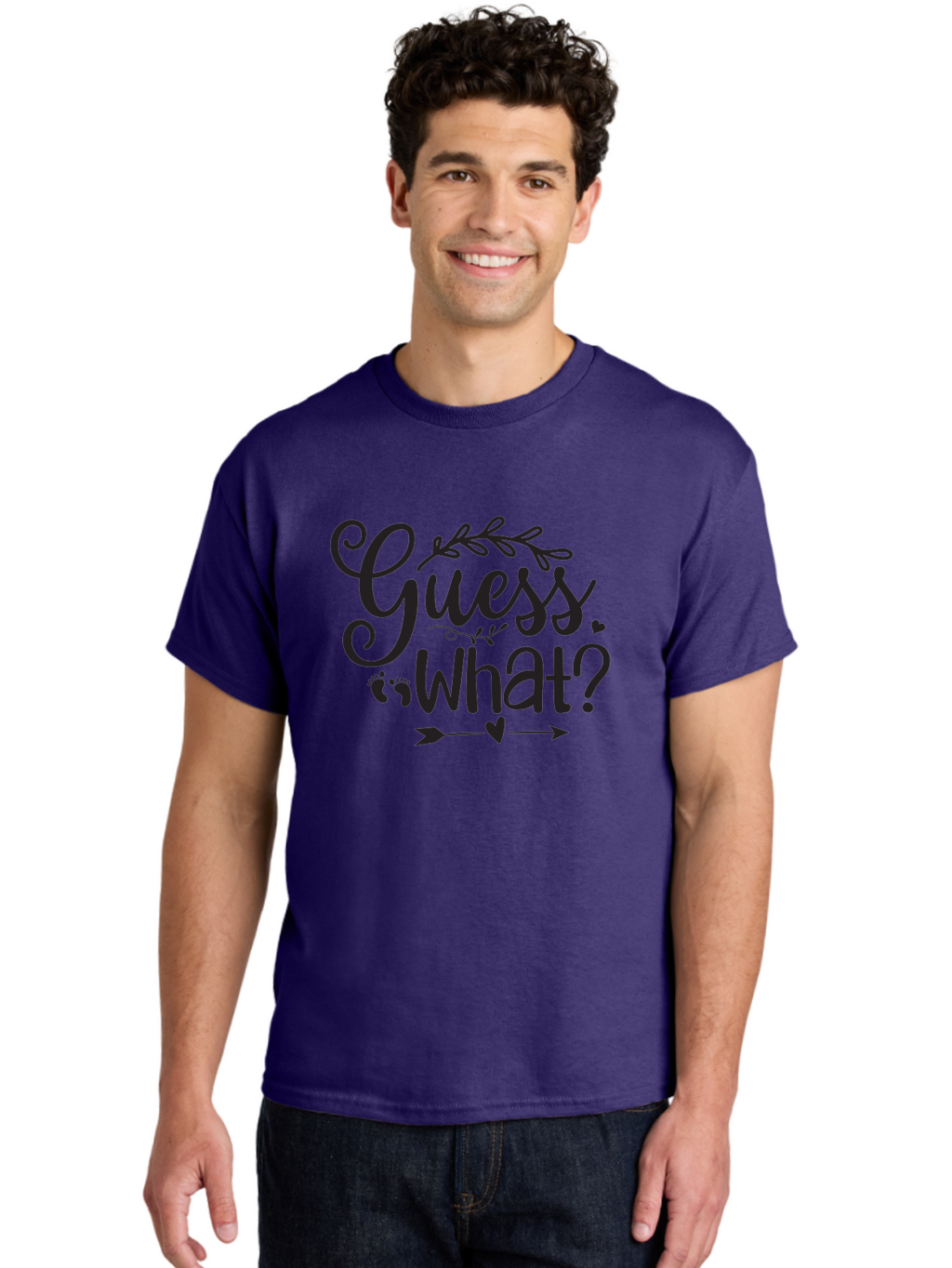 Guess-What Men'S Graphic Tee, 100% Cotton, Comfortable Casual Summer Wear, Machine Washable, Baby Announcement, Pregnancy Reveal, Baby Shower Invitation, New Arrival, Baby Feet, Arrow Design, Floral Wreath, Heart Symbol, Question Mark, Aad408