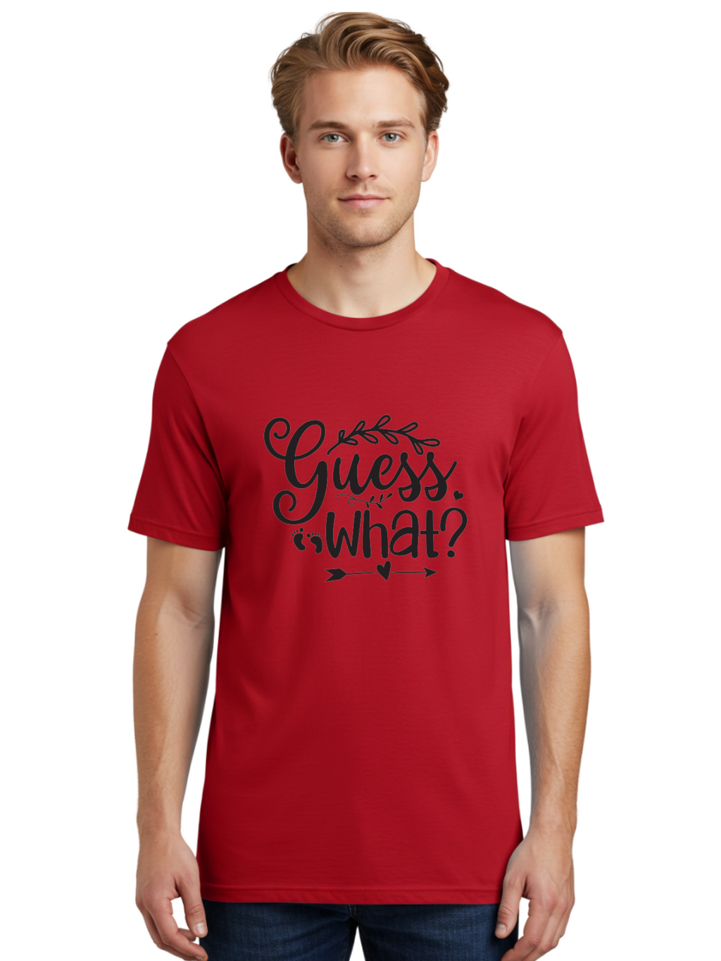 Guess-What Men'S Graphic Tee, 100% Cotton, Comfortable Casual Summer Wear, Machine Washable, Baby Announcement, Pregnancy Reveal, Baby Shower Invitation, New Arrival, Baby Feet, Arrow Design, Floral Wreath, Heart Symbol, Question Mark, Aad408
