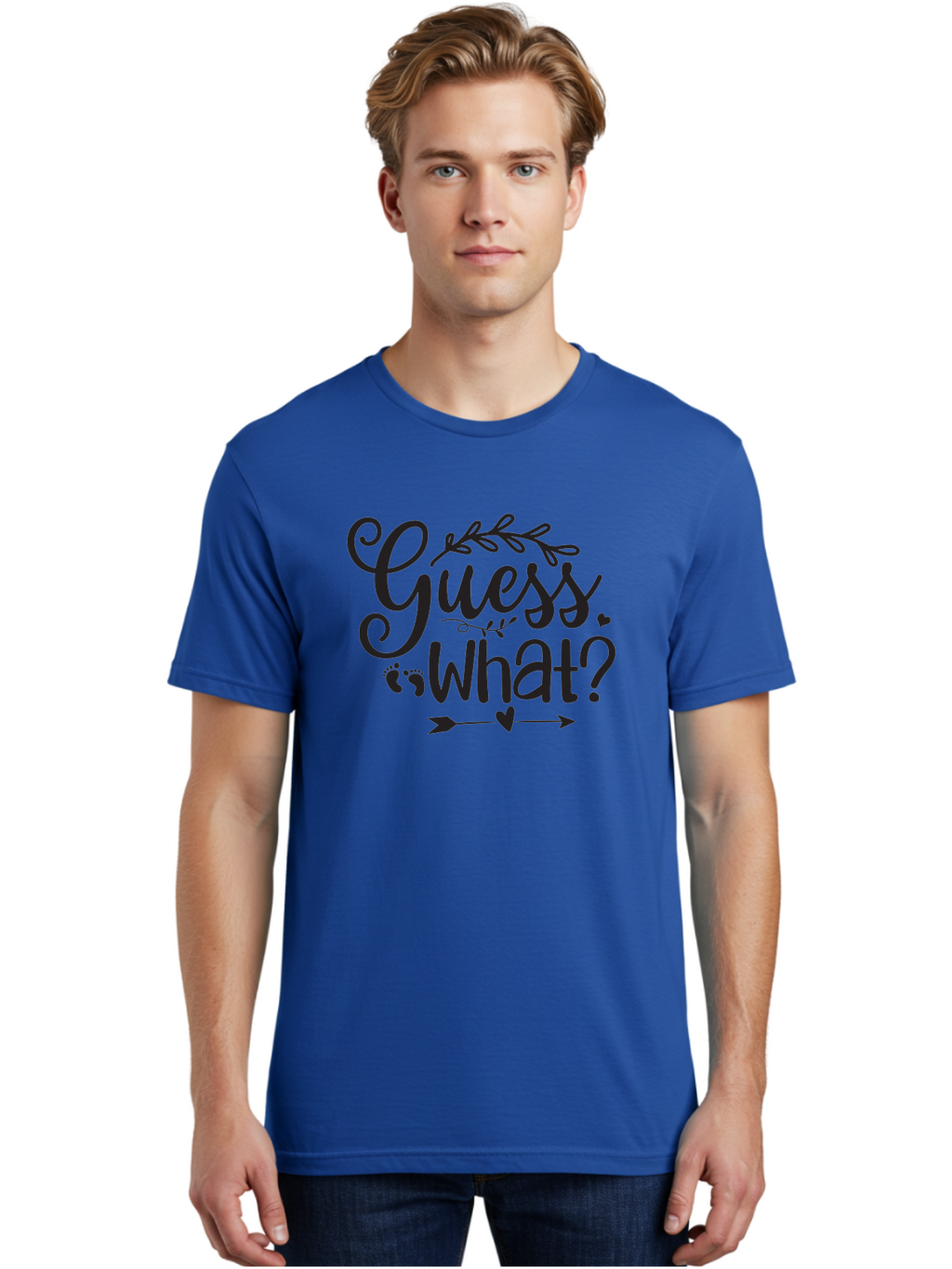Guess-What Men'S Graphic Tee, 100% Cotton, Comfortable Casual Summer Wear, Machine Washable, Baby Announcement, Pregnancy Reveal, Baby Shower Invitation, New Arrival, Baby Feet, Arrow Design, Floral Wreath, Heart Symbol, Question Mark, Aad408