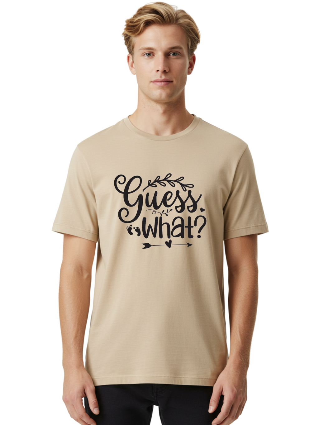 Guess-What Men'S Graphic Tee, 100% Cotton, Comfortable Casual Summer Wear, Machine Washable, Baby Announcement, Pregnancy Reveal, Baby Shower Invitation, New Arrival, Baby Feet, Arrow Design, Floral Wreath, Heart Symbol, Question Mark, Aad408