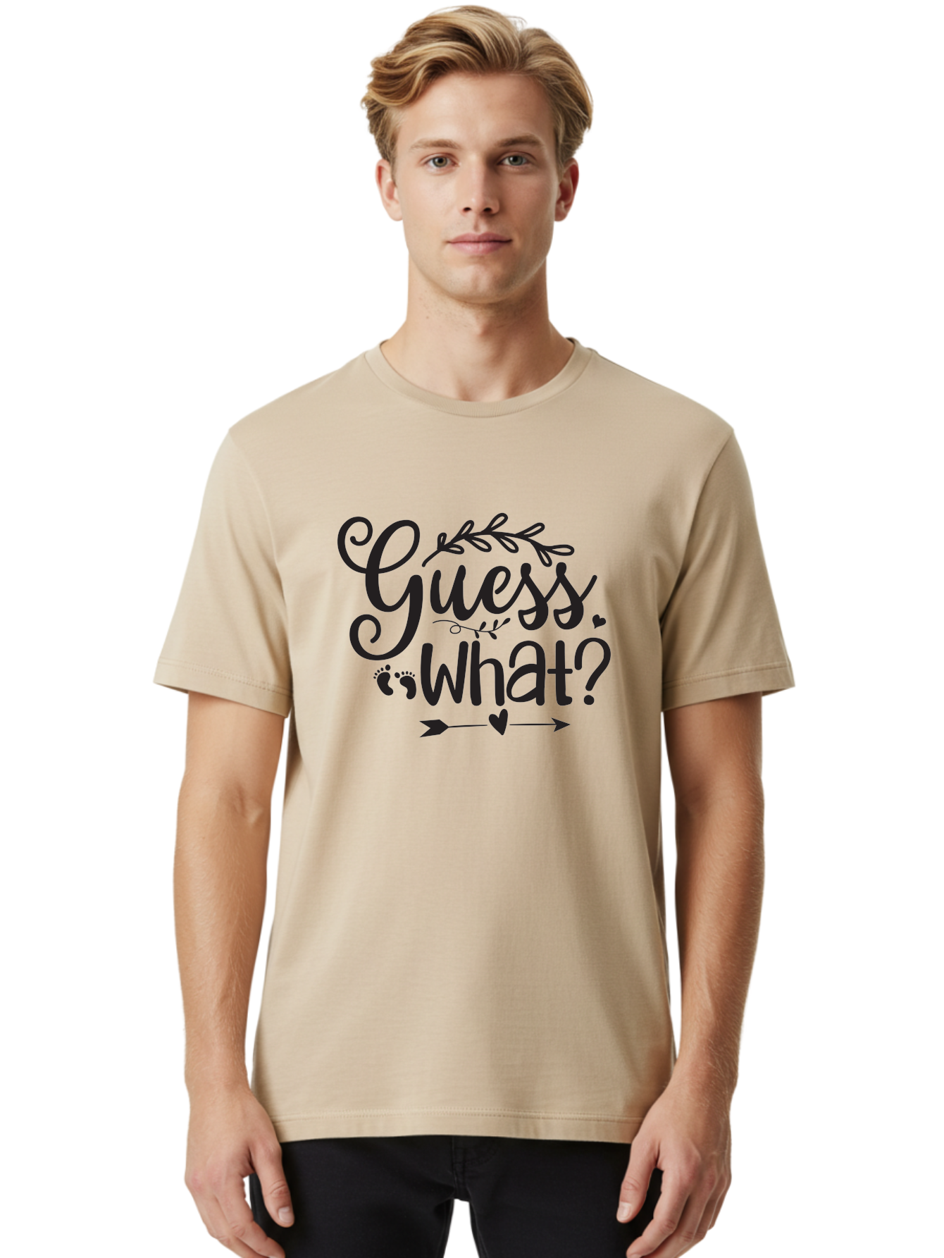 Guess-What Men'S Graphic Tee, 100% Cotton, Comfortable Casual Summer Wear, Machine Washable, Baby Announcement, Pregnancy Reveal, Baby Shower Invitation, New Arrival, Baby Feet, Arrow Design, Floral Wreath, Heart Symbol, Question Mark, Aad408