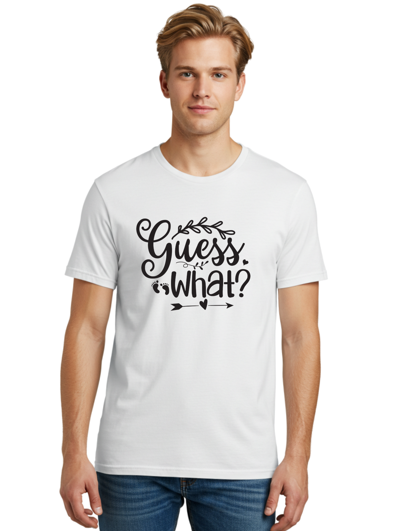 Guess-What Men'S Graphic Tee, 100% Cotton, Comfortable Casual Summer Wear, Machine Washable, Baby Announcement, Pregnancy Reveal, Baby Shower Invitation, New Arrival, Baby Feet, Arrow Design, Floral Wreath, Heart Symbol, Question Mark, Aad408