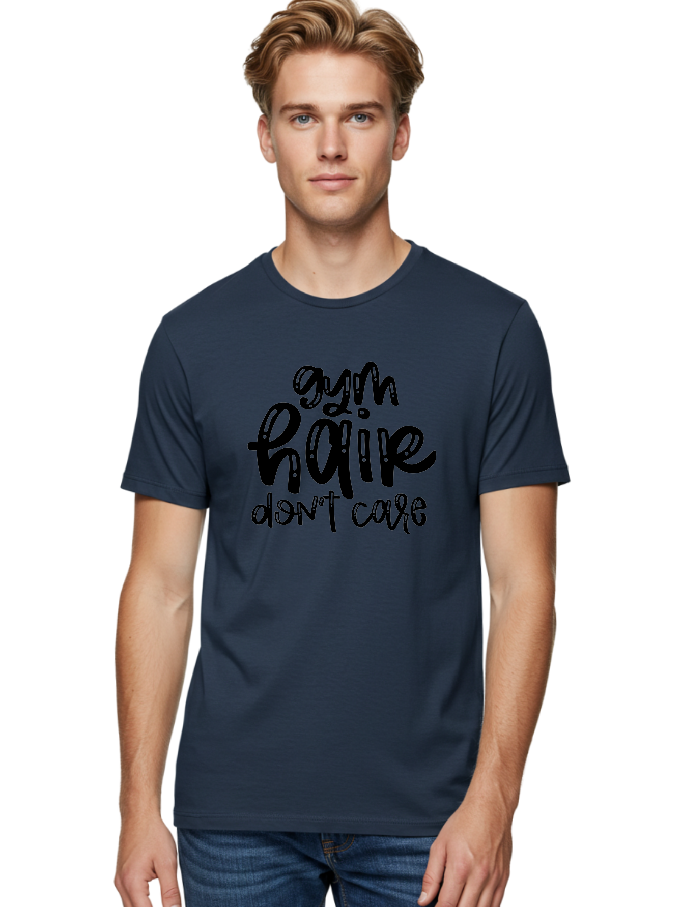 Gym-Hair-Don-T-Care Men'S Graphic Tee, 100% Cotton, Comfortable Casual Summer Wear, Machine Washable, Gym Hair Don’T Care, Fitness Motivation, Workout Inspiration, Funny Quotes, Fitness Humor, Motivational Quotes, Gym Culture Aad409