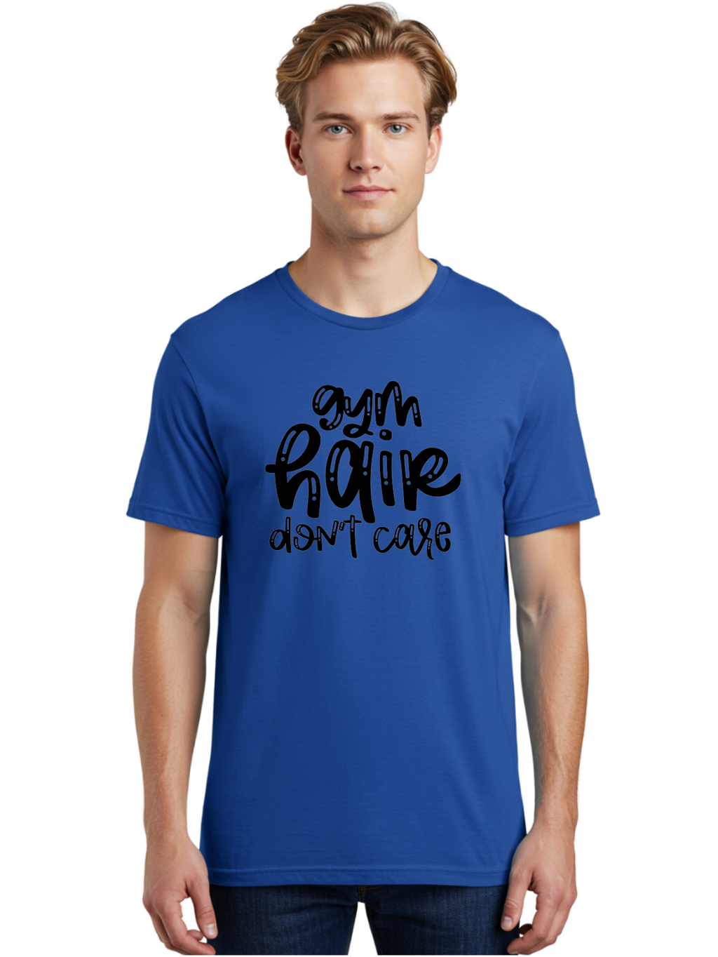 Gym-Hair-Don-T-Care Men'S Graphic Tee, 100% Cotton, Comfortable Casual Summer Wear, Machine Washable, Gym Hair Don’T Care, Fitness Motivation, Workout Inspiration, Funny Quotes, Fitness Humor, Motivational Quotes, Gym Culture Aad409