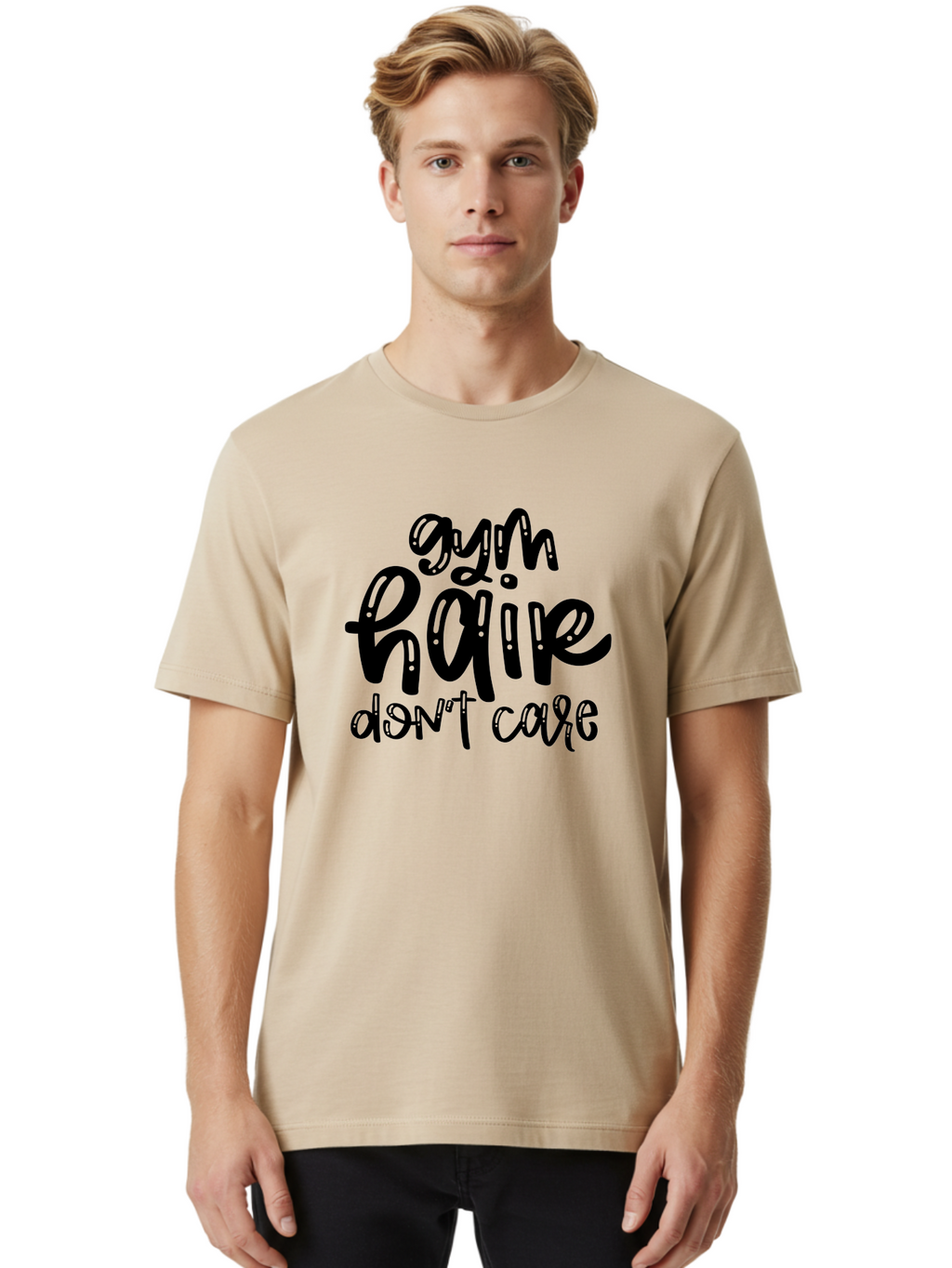 Gym-Hair-Don-T-Care Men'S Graphic Tee, 100% Cotton, Comfortable Casual Summer Wear, Machine Washable, Gym Hair Don’T Care, Fitness Motivation, Workout Inspiration, Funny Quotes, Fitness Humor, Motivational Quotes, Gym Culture Aad409