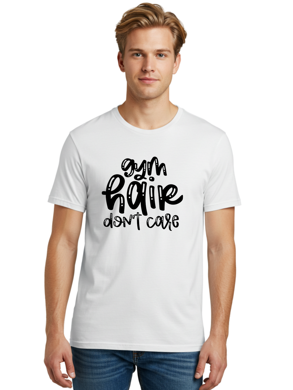 Gym-Hair-Don-T-Care Men'S Graphic Tee, 100% Cotton, Comfortable Casual Summer Wear, Machine Washable, Gym Hair Don’T Care, Fitness Motivation, Workout Inspiration, Funny Quotes, Fitness Humor, Motivational Quotes, Gym Culture Aad409