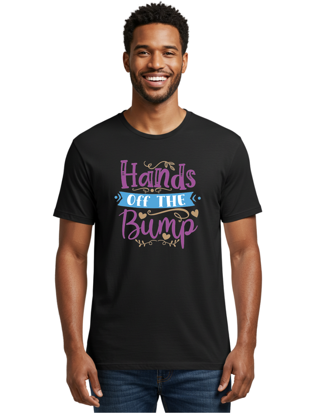 Hands-Off-The-Bump Men'S Graphic Tee, 100% Cotton, Comfortable Casual Summer Wear, Machine Washable, Pregnancy Announcement, Baby Bump, Hands Off, Expectant Mother, Maternity Message, Purple And White Text, Heart Decorations, Baby On Board, Aad412