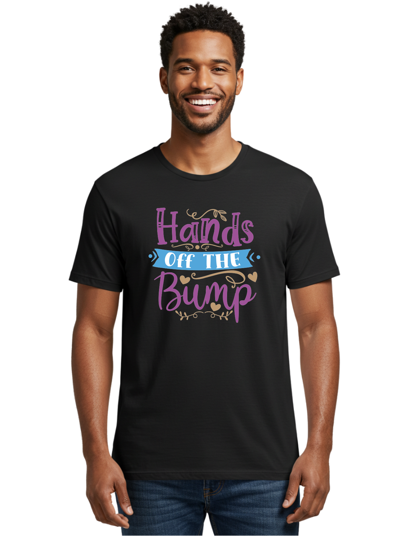 Hands-Off-The-Bump Men'S Graphic Tee, 100% Cotton, Comfortable Casual Summer Wear, Machine Washable, Pregnancy Announcement, Baby Bump, Hands Off, Expectant Mother, Maternity Message, Purple And White Text, Heart Decorations, Baby On Board, Aad412