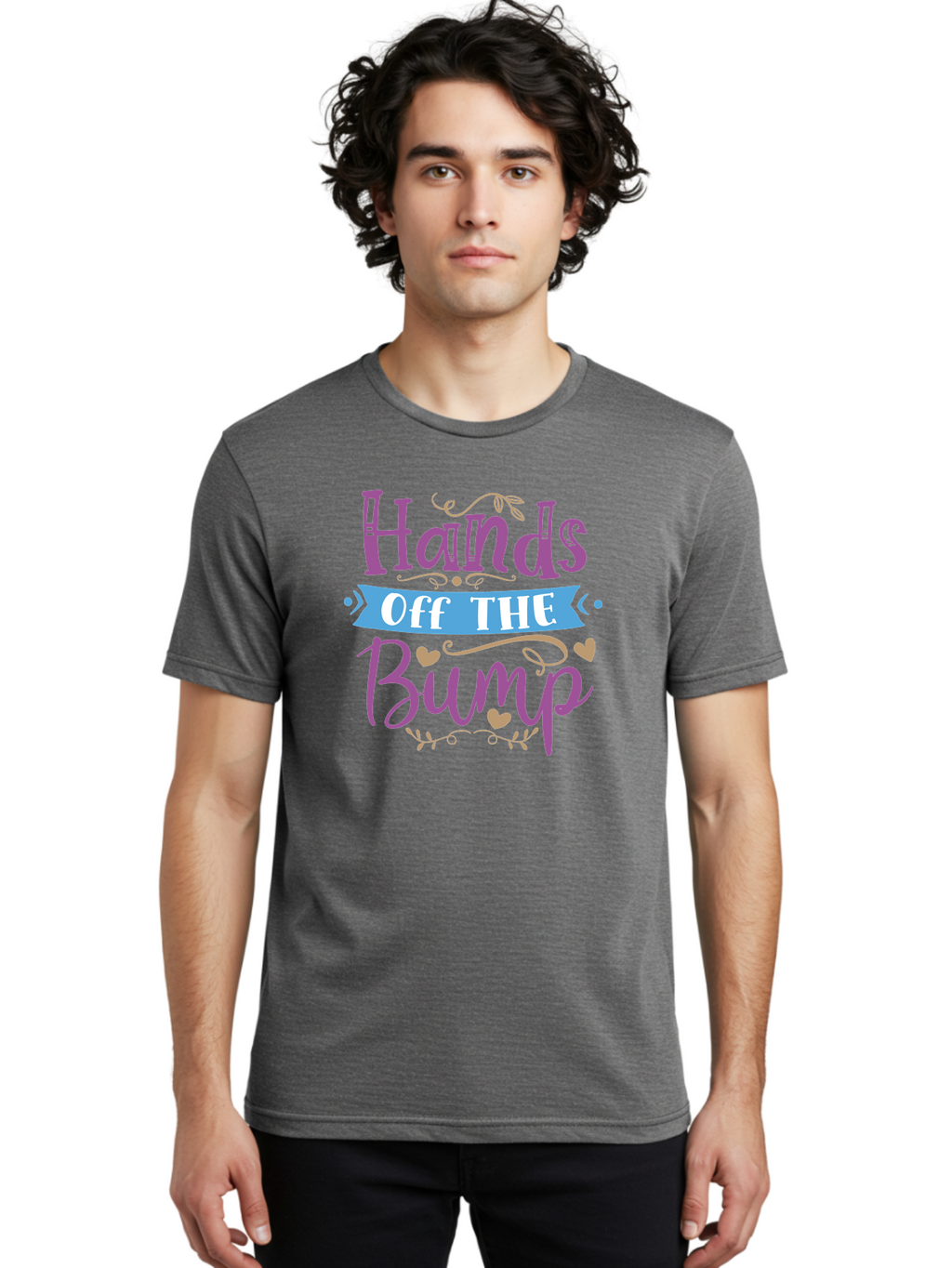 Hands-Off-The-Bump Men'S Graphic Tee, 100% Cotton, Comfortable Casual Summer Wear, Machine Washable, Pregnancy Announcement, Baby Bump, Hands Off, Expectant Mother, Maternity Message, Purple And White Text, Heart Decorations, Baby On Board, Aad412