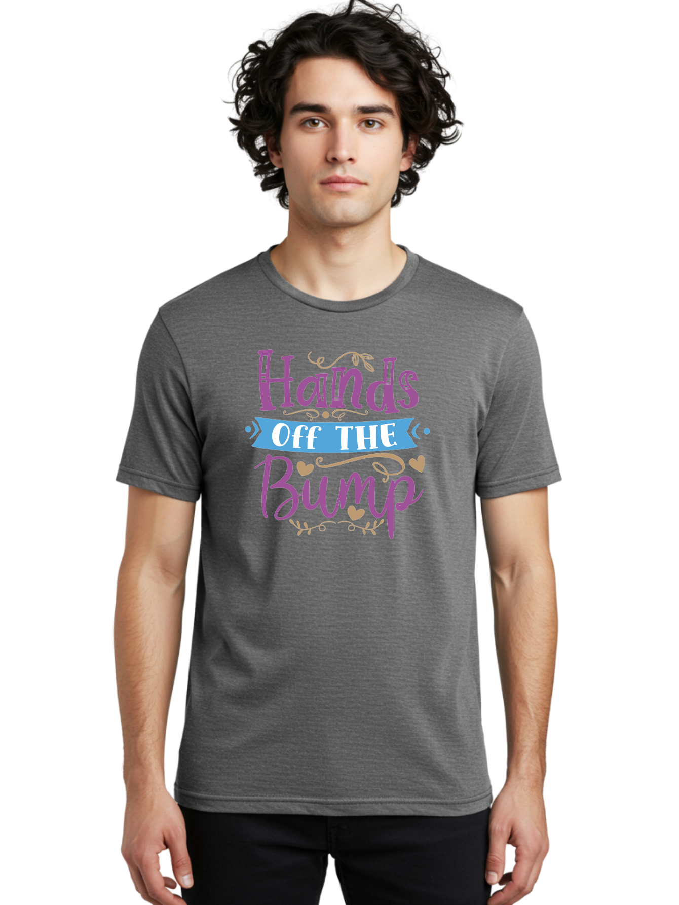 Hands-Off-The-Bump Men'S Graphic Tee, 100% Cotton, Comfortable Casual Summer Wear, Machine Washable, Pregnancy Announcement, Baby Bump, Hands Off, Expectant Mother, Maternity Message, Purple And White Text, Heart Decorations, Baby On Board, Aad412