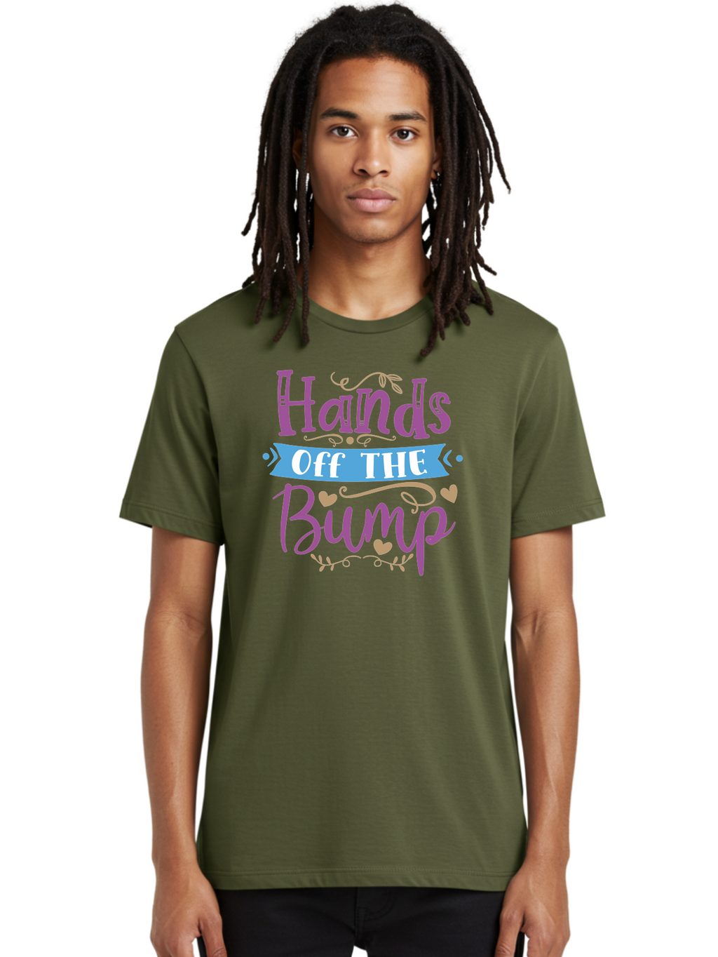 Hands-Off-The-Bump Men'S Graphic Tee, 100% Cotton, Comfortable Casual Summer Wear, Machine Washable, Pregnancy Announcement, Baby Bump, Hands Off, Expectant Mother, Maternity Message, Purple And White Text, Heart Decorations, Baby On Board, Aad412