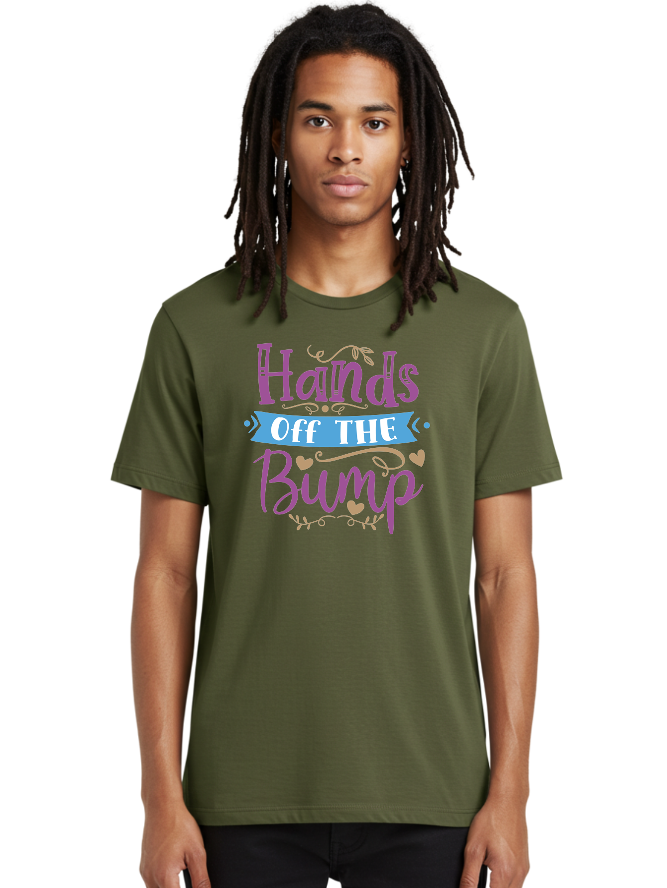 Hands-Off-The-Bump Men'S Graphic Tee, 100% Cotton, Comfortable Casual Summer Wear, Machine Washable, Pregnancy Announcement, Baby Bump, Hands Off, Expectant Mother, Maternity Message, Purple And White Text, Heart Decorations, Baby On Board, Aad412