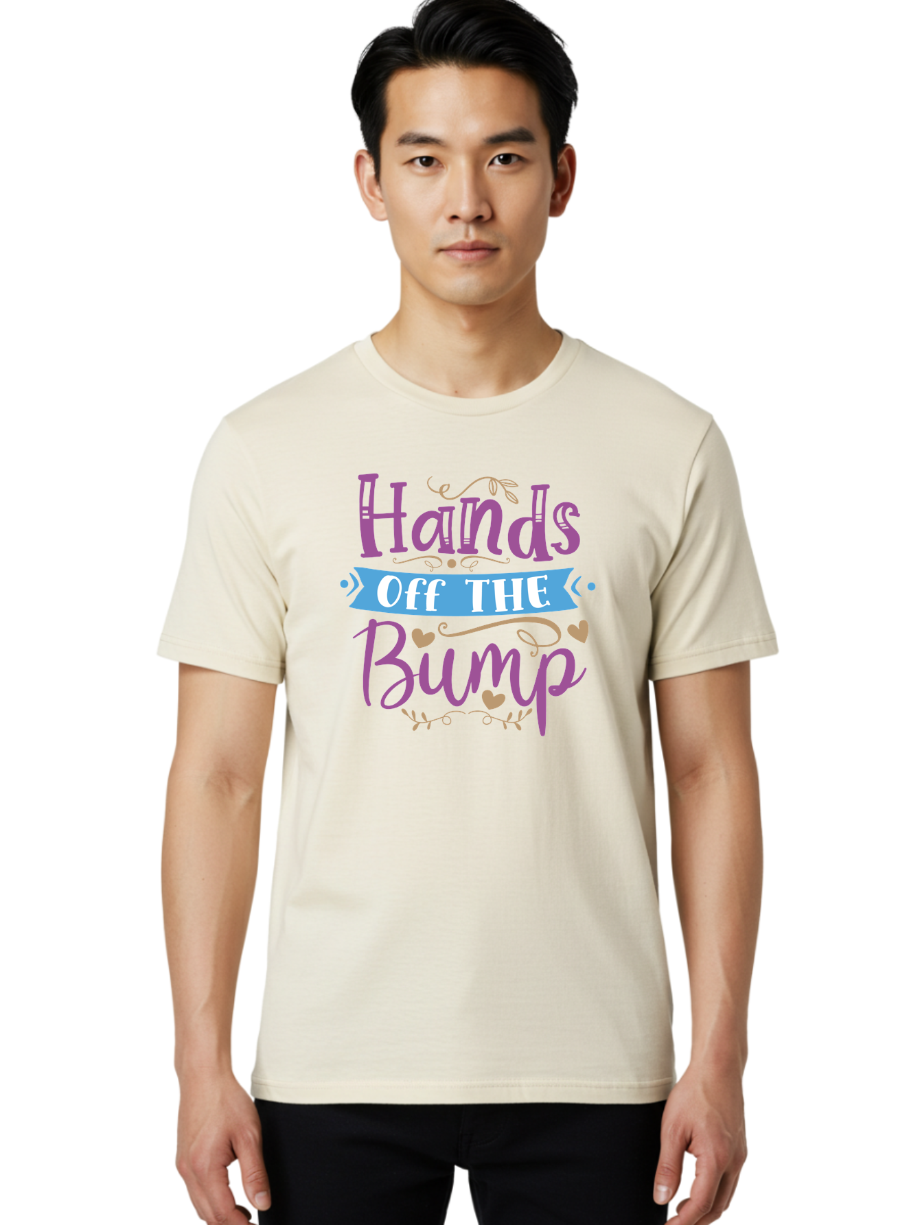 Hands-Off-The-Bump Men'S Graphic Tee, 100% Cotton, Comfortable Casual Summer Wear, Machine Washable, Pregnancy Announcement, Baby Bump, Hands Off, Expectant Mother, Maternity Message, Purple And White Text, Heart Decorations, Baby On Board, Aad412