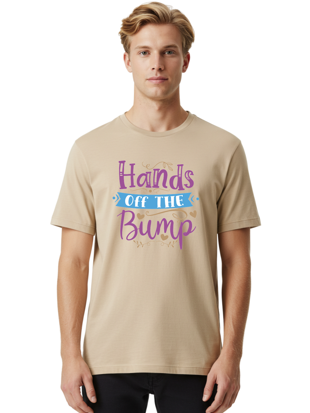 Hands-Off-The-Bump Men'S Graphic Tee, 100% Cotton, Comfortable Casual Summer Wear, Machine Washable, Pregnancy Announcement, Baby Bump, Hands Off, Expectant Mother, Maternity Message, Purple And White Text, Heart Decorations, Baby On Board, Aad412