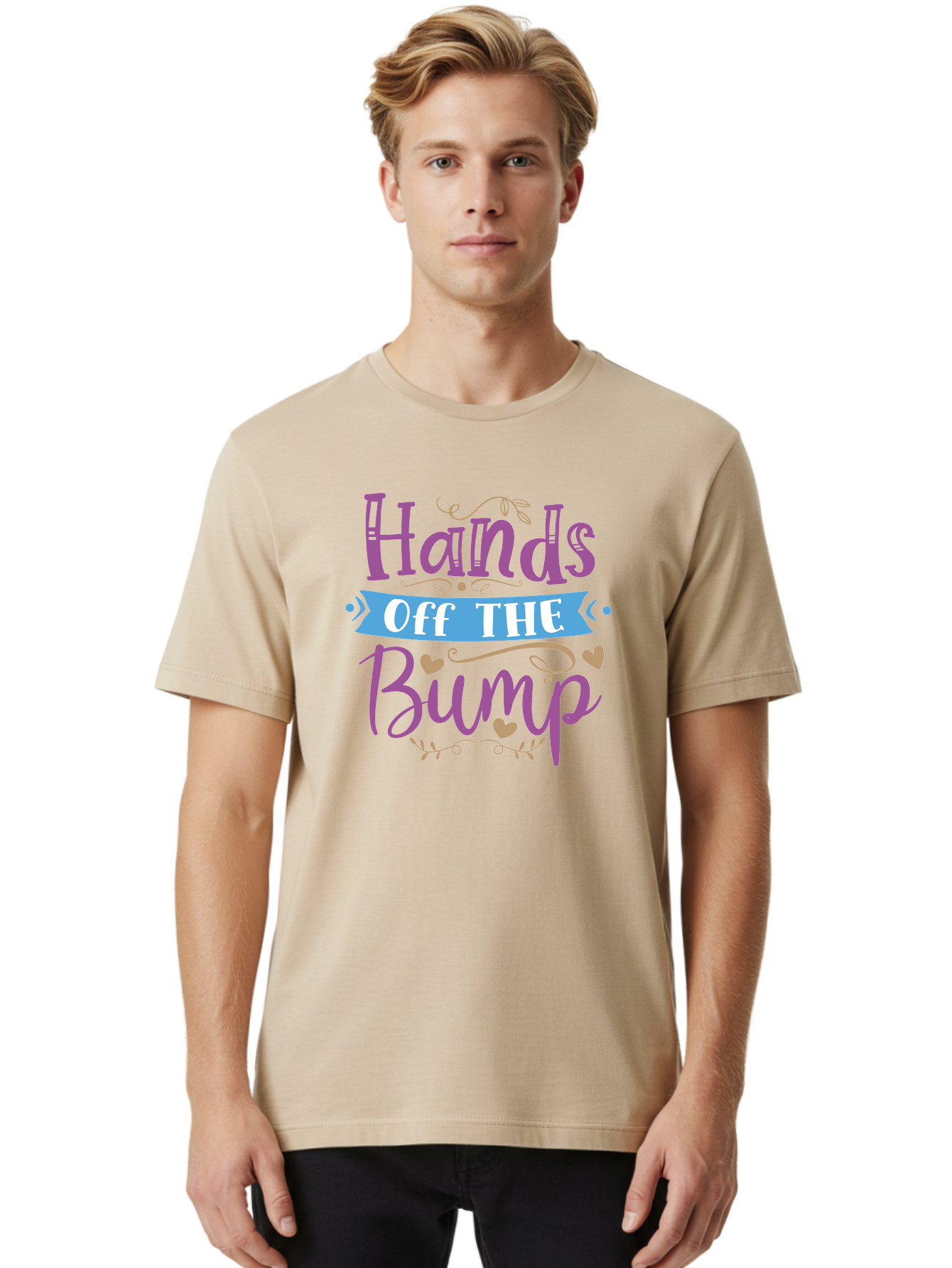Hands-Off-The-Bump Men'S Graphic Tee, 100% Cotton, Comfortable Casual Summer Wear, Machine Washable, Pregnancy Announcement, Baby Bump, Hands Off, Expectant Mother, Maternity Message, Purple And White Text, Heart Decorations, Baby On Board, Aad412