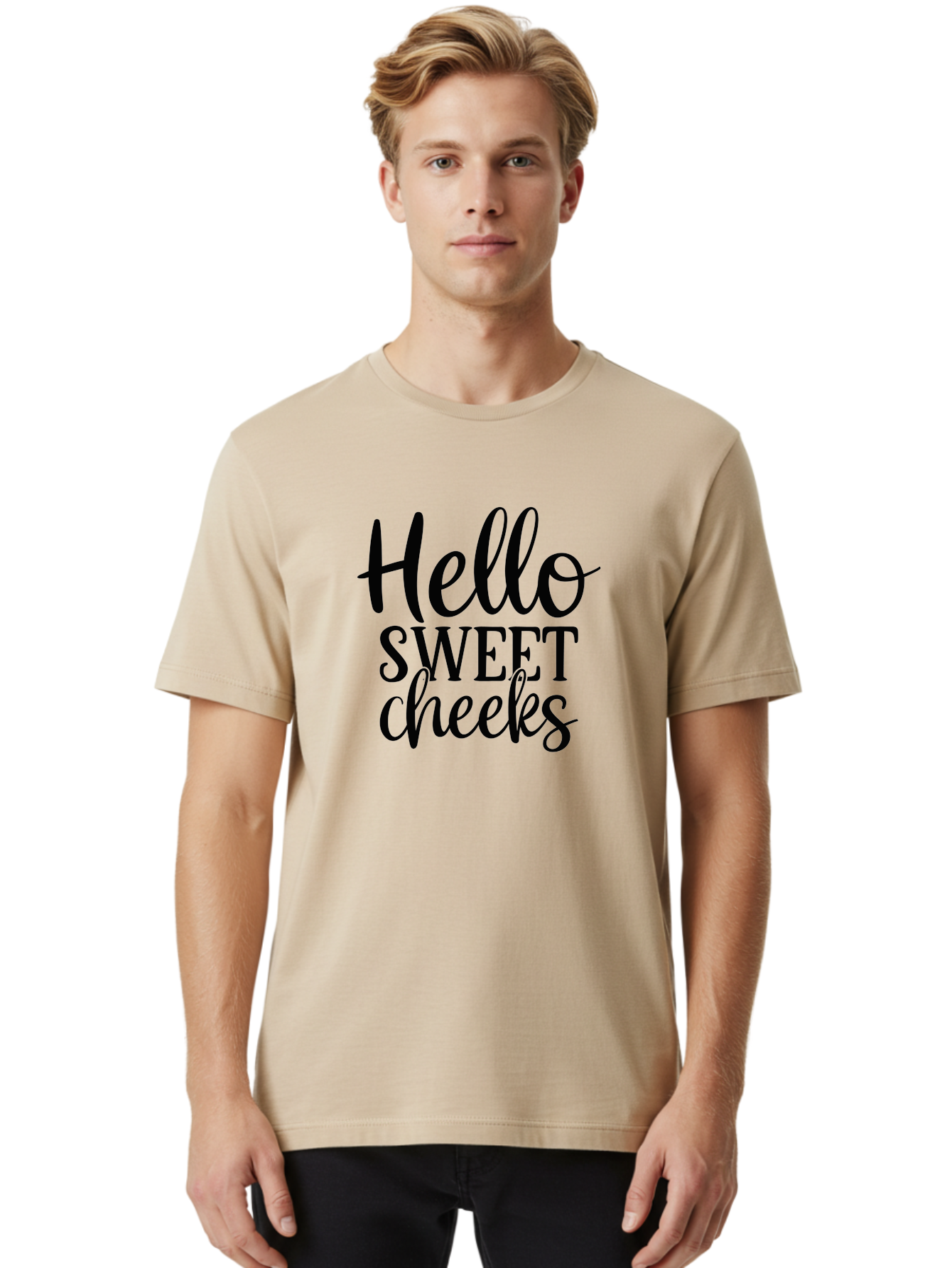 Hello-Sweet-Cheeks Men'S Graphic Tee, 100% Cotton, Comfortable Casual Summer Wear, Machine Washable, Hello Sweet Cheeks, Cute Phrase, Lovely Greeting, Sweet Message, Endearing Expression, Charming Text, Lovely Quote Aad413