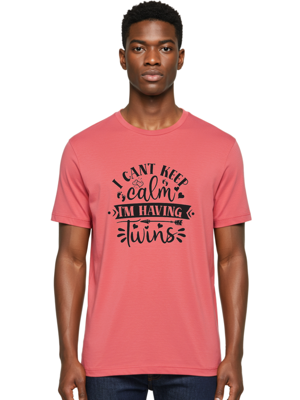 I-Cant-Keep-Calm-Im-Having-Twins Men'S Graphic Tee, 100% Cotton, Comfortable Casual Summer Wear, Machine Washable, Twin Pregnancy Announcement, Calm Design Parody, Having Twins, Pregnancy Reveal, Baby Feet, Hearts, Arrow, Playful Typography, Aad417