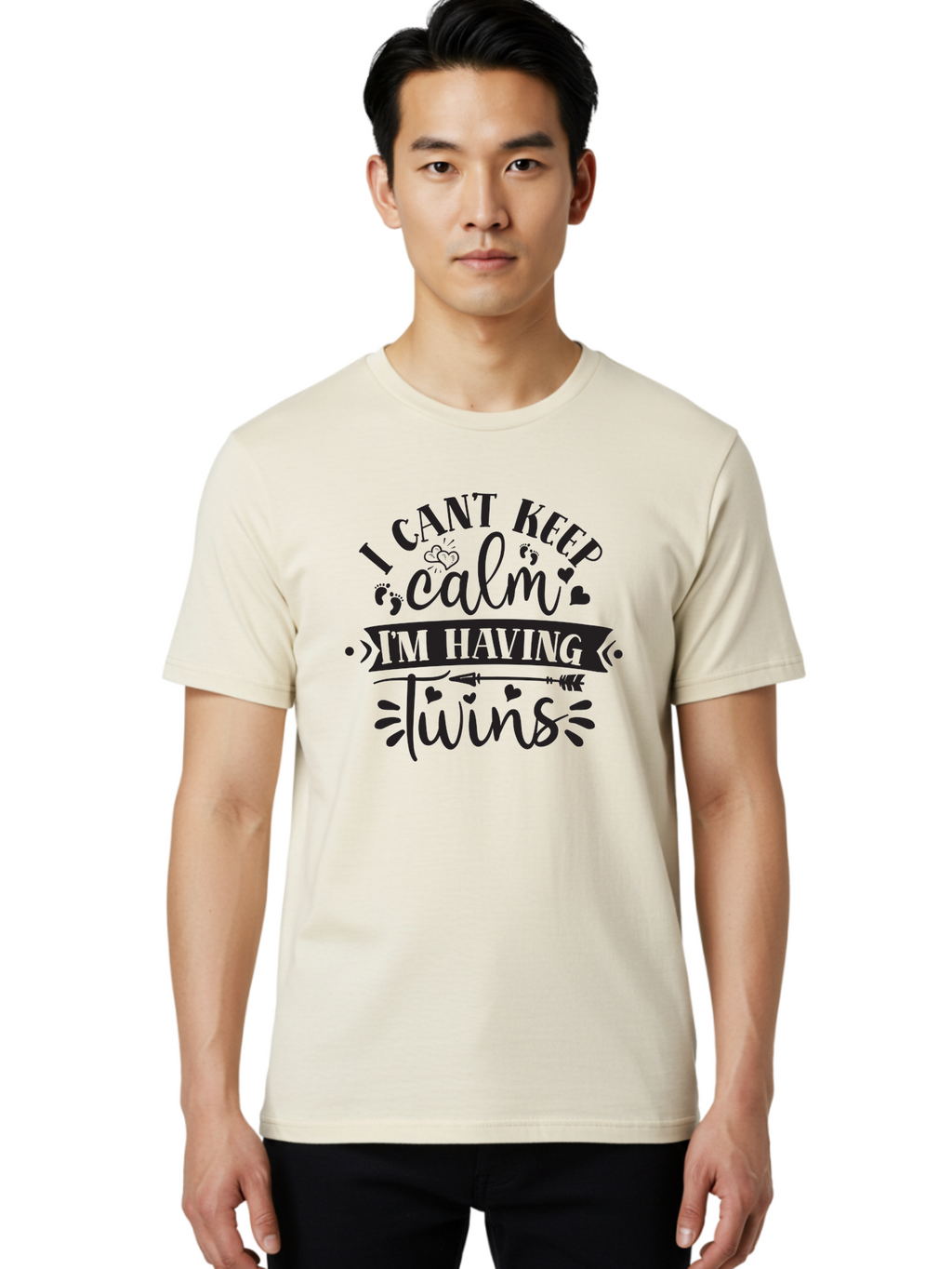I-Cant-Keep-Calm-Im-Having-Twins Men'S Graphic Tee, 100% Cotton, Comfortable Casual Summer Wear, Machine Washable, Twin Pregnancy Announcement, Calm Design Parody, Having Twins, Pregnancy Reveal, Baby Feet, Hearts, Arrow, Playful Typography, Aad417
