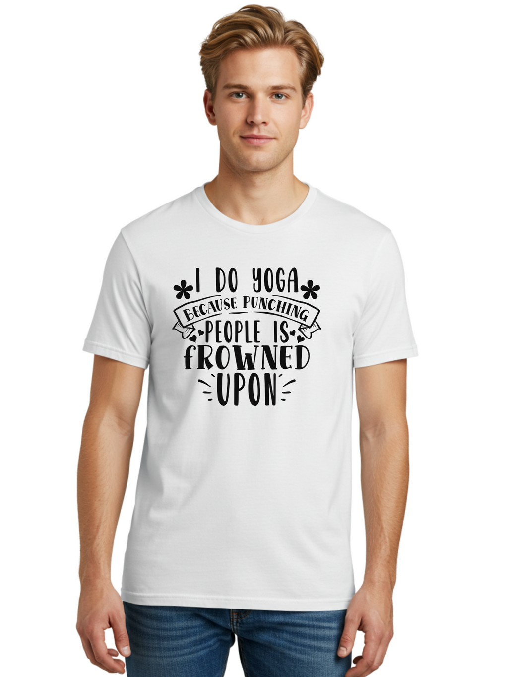 I-Do-Yoga-Because-Punching-People-Is-Frowned-Upon Men'S Graphic Tee, 100% Cotton, Comfortable Casual Summer Wear, Machine Washable, Yoga Humor, Mindfulness, Meditation, Wellness, Stress Relief, Zen, Motivational Quotes, Funny Sayings, Aad420