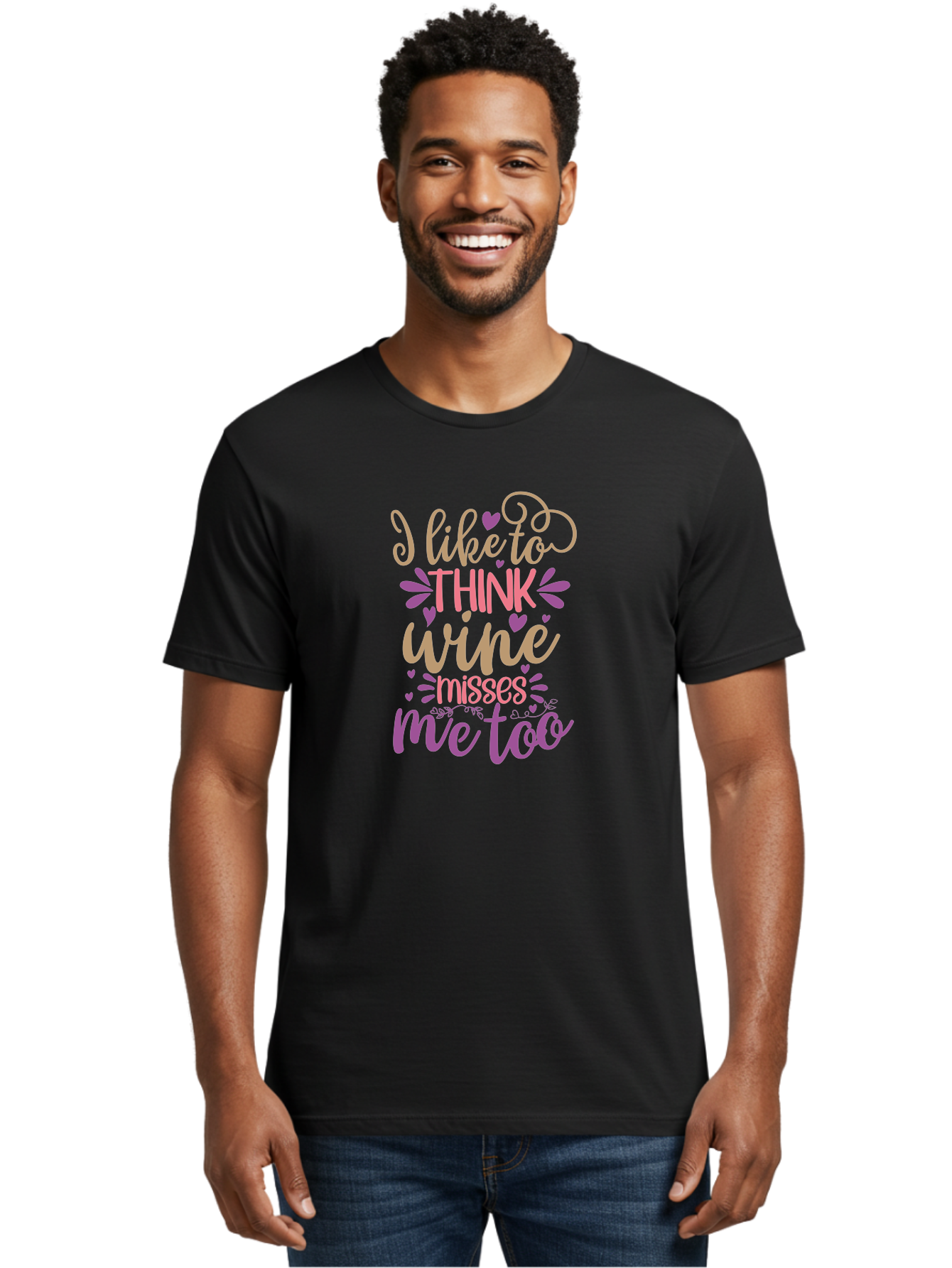 I-Like-To-Think-Wine-Misses-Me-Too Men'S Graphic Tee, 100% Cotton, Comfortable Casual Summer Wear, Machine Washable, Funny Wine Quote, Wine Lover Gift, Humorous Phrase, Purple Hearts, Floral Decorations, Stylish Typography, Wine-Themed Design, Aad422