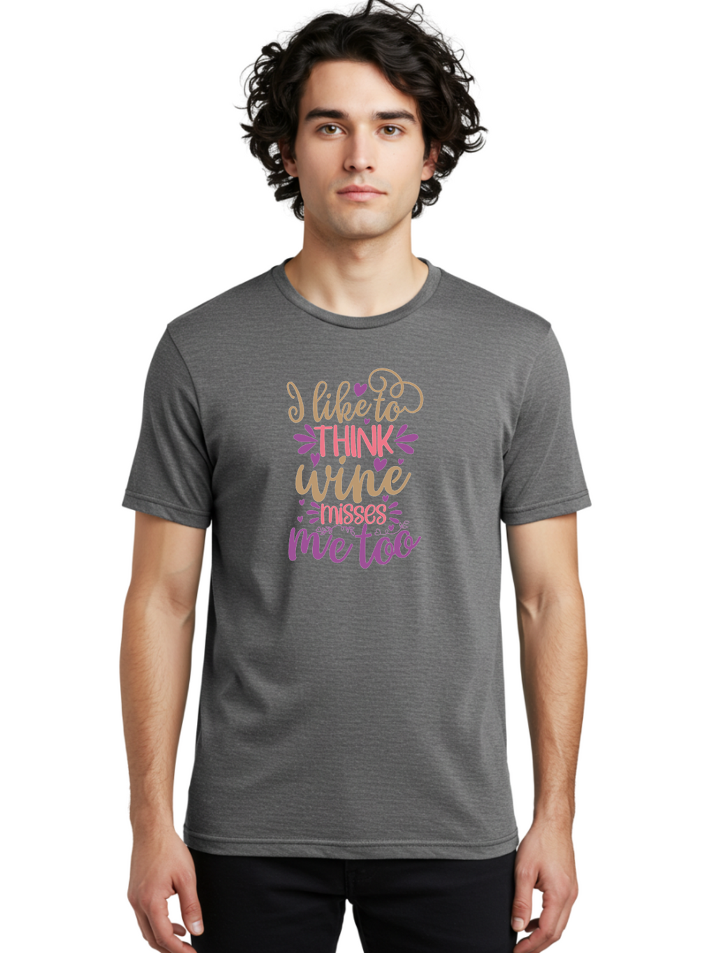 I-Like-To-Think-Wine-Misses-Me-Too Men'S Graphic Tee, 100% Cotton, Comfortable Casual Summer Wear, Machine Washable, Funny Wine Quote, Wine Lover Gift, Humorous Phrase, Purple Hearts, Floral Decorations, Stylish Typography, Wine-Themed Design, Aad422