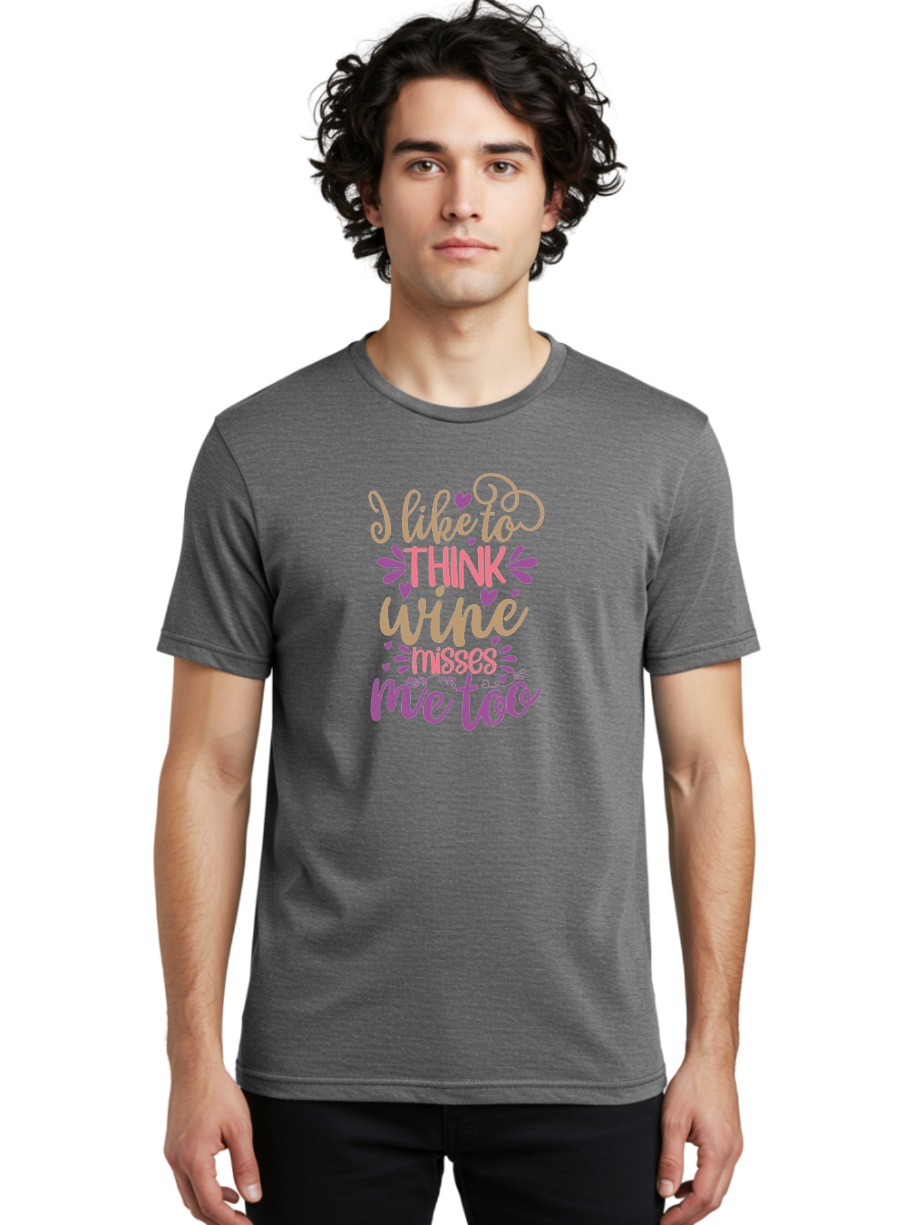 I-Like-To-Think-Wine-Misses-Me-Too Men'S Graphic Tee, 100% Cotton, Comfortable Casual Summer Wear, Machine Washable, Funny Wine Quote, Wine Lover Gift, Humorous Phrase, Purple Hearts, Floral Decorations, Stylish Typography, Wine-Themed Design, Aad422