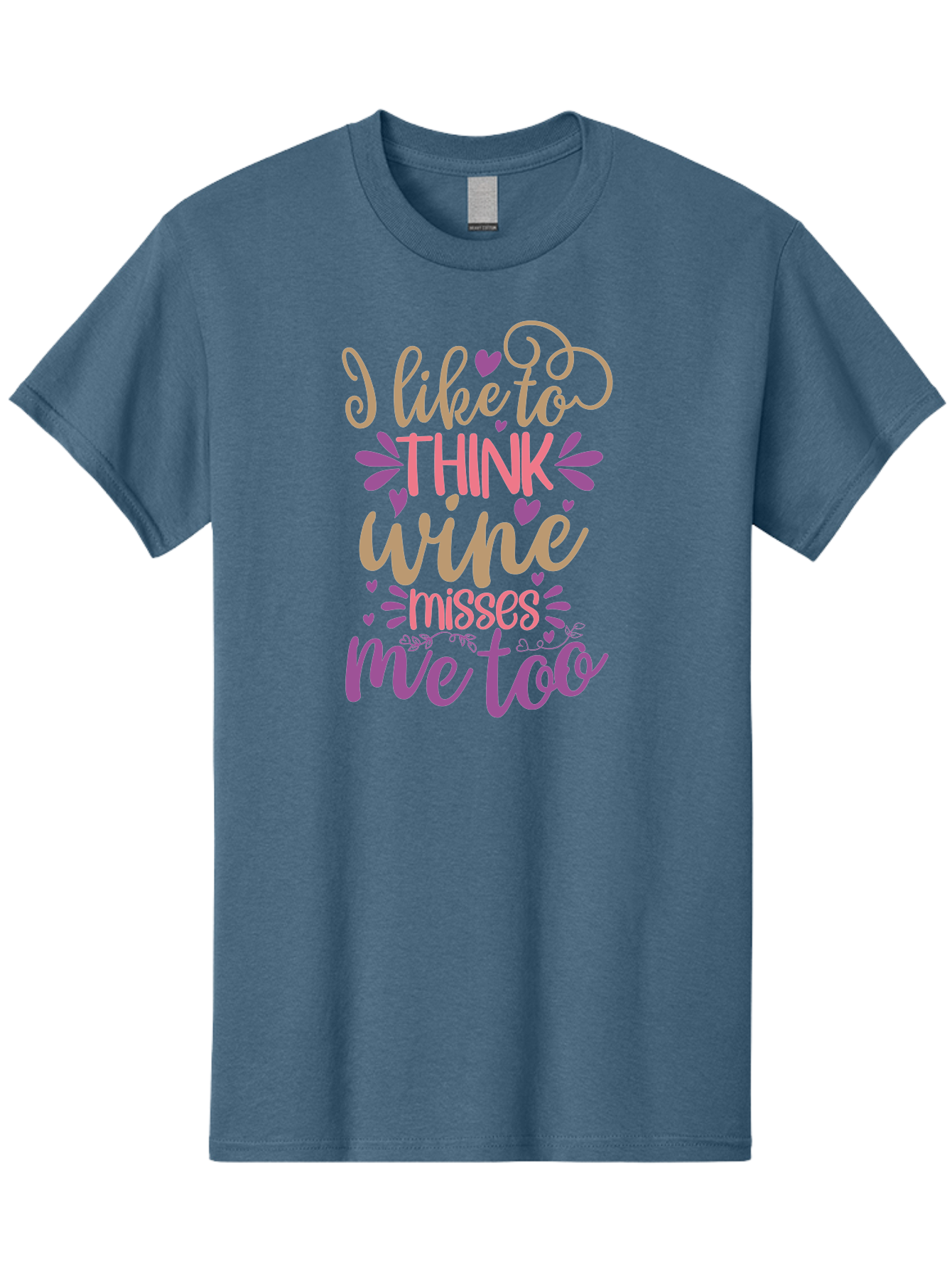I-Like-To-Think-Wine-Misses-Me-Too Men'S Graphic Tee, 100% Cotton, Comfortable Casual Summer Wear, Machine Washable, Funny Wine Quote, Wine Lover Gift, Humorous Phrase, Purple Hearts, Floral Decorations, Stylish Typography, Wine-Themed Design, Aad422