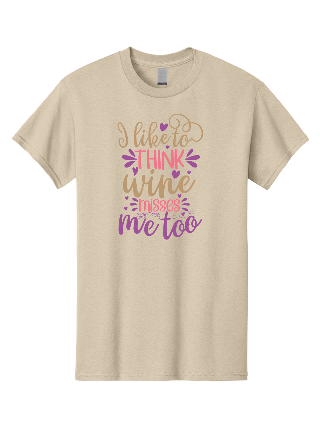 I-Like-To-Think-Wine-Misses-Me-Too Men'S Graphic Tee, 100% Cotton, Comfortable Casual Summer Wear, Machine Washable, Funny Wine Quote, Wine Lover Gift, Humorous Phrase, Purple Hearts, Floral Decorations, Stylish Typography, Wine-Themed Design, Aad422