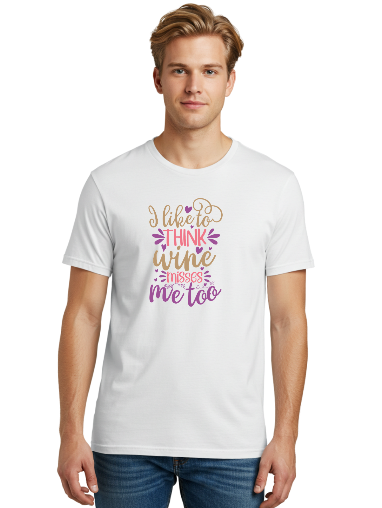 I-Like-To-Think-Wine-Misses-Me-Too Men'S Graphic Tee, 100% Cotton, Comfortable Casual Summer Wear, Machine Washable, Funny Wine Quote, Wine Lover Gift, Humorous Phrase, Purple Hearts, Floral Decorations, Stylish Typography, Wine-Themed Design, Aad422