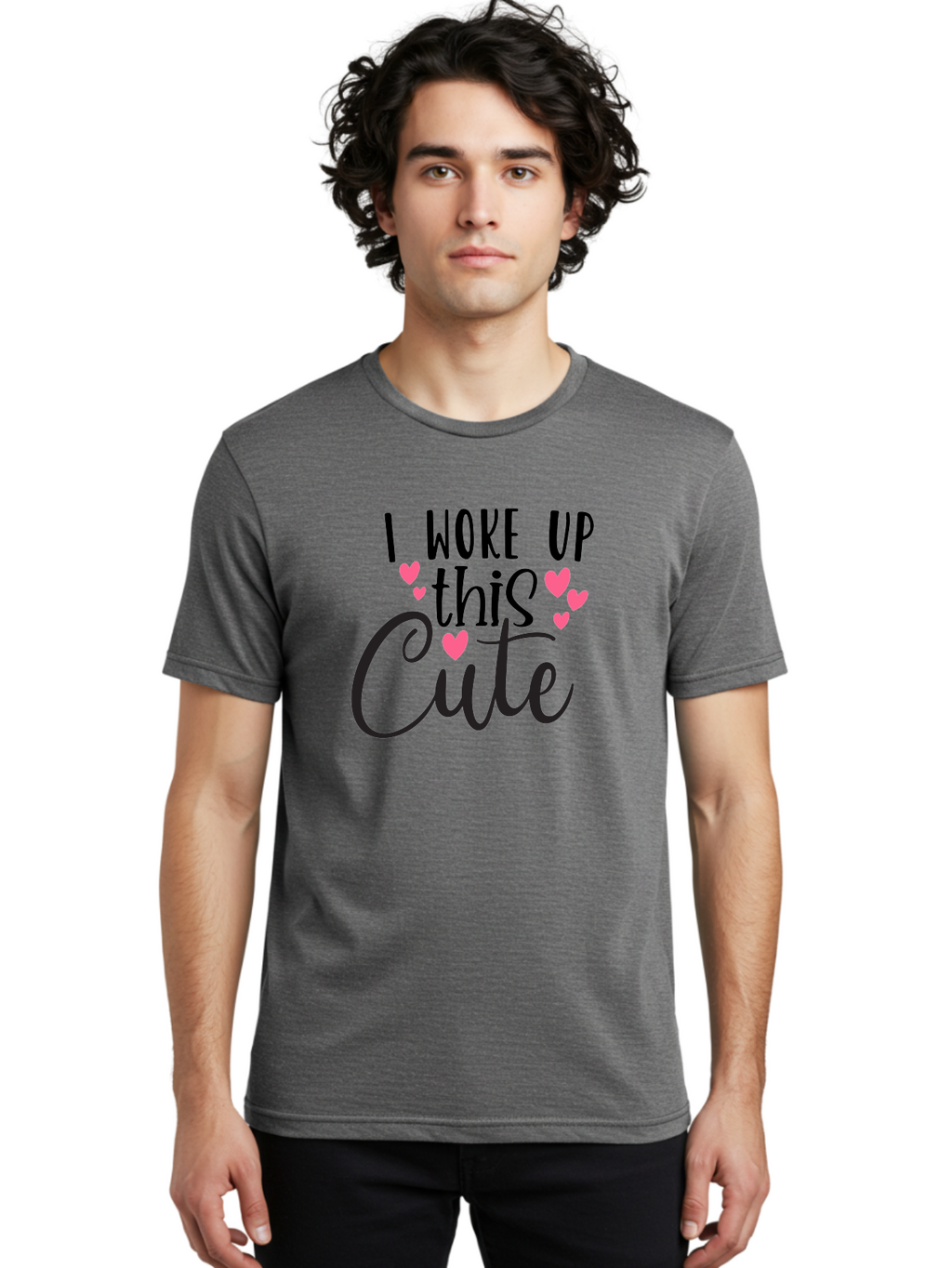 I-Woke-Up-This-Cute Men'S Graphic Tee, 100% Cotton, Comfortable Casual Summer Wear, Machine Washable, Cute Quote, Funny Morning Phrase, Pink Hearts, Black Text, Inspirational Saying, Girly Design, Love Message, Daily Motivation Aad426