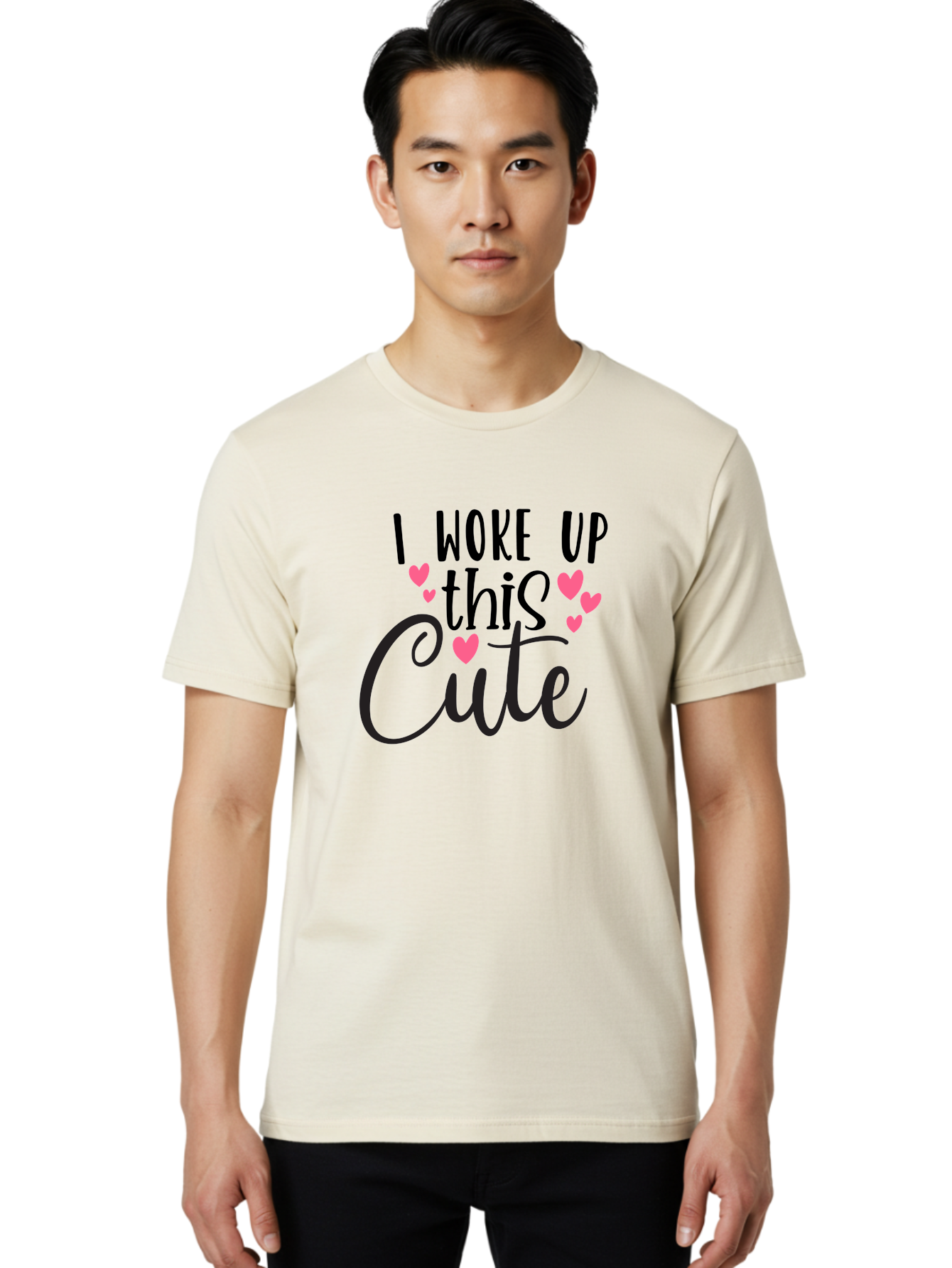 I-Woke-Up-This-Cute Men'S Graphic Tee, 100% Cotton, Comfortable Casual Summer Wear, Machine Washable, Cute Quote, Funny Morning Phrase, Pink Hearts, Black Text, Inspirational Saying, Girly Design, Love Message, Daily Motivation Aad426