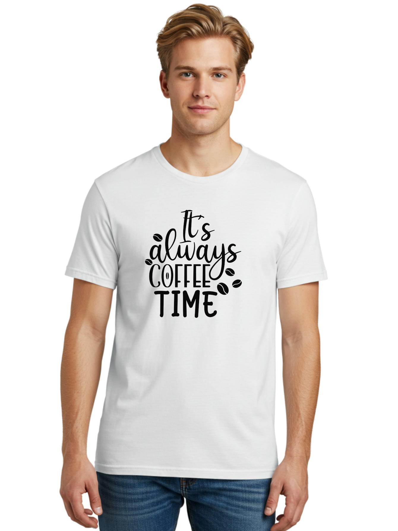 It-S-Always-Coffee-Time Men'S Graphic Tee, 100% Cotton, Comfortable Casual Summer Wear, Machine Washable, Coffee Time, Coffee Lovers, Coffee Break, Coffee Quote, Coffee Inspiration, Coffee Culture, Coffee Phrase, Coffee Art Aad427