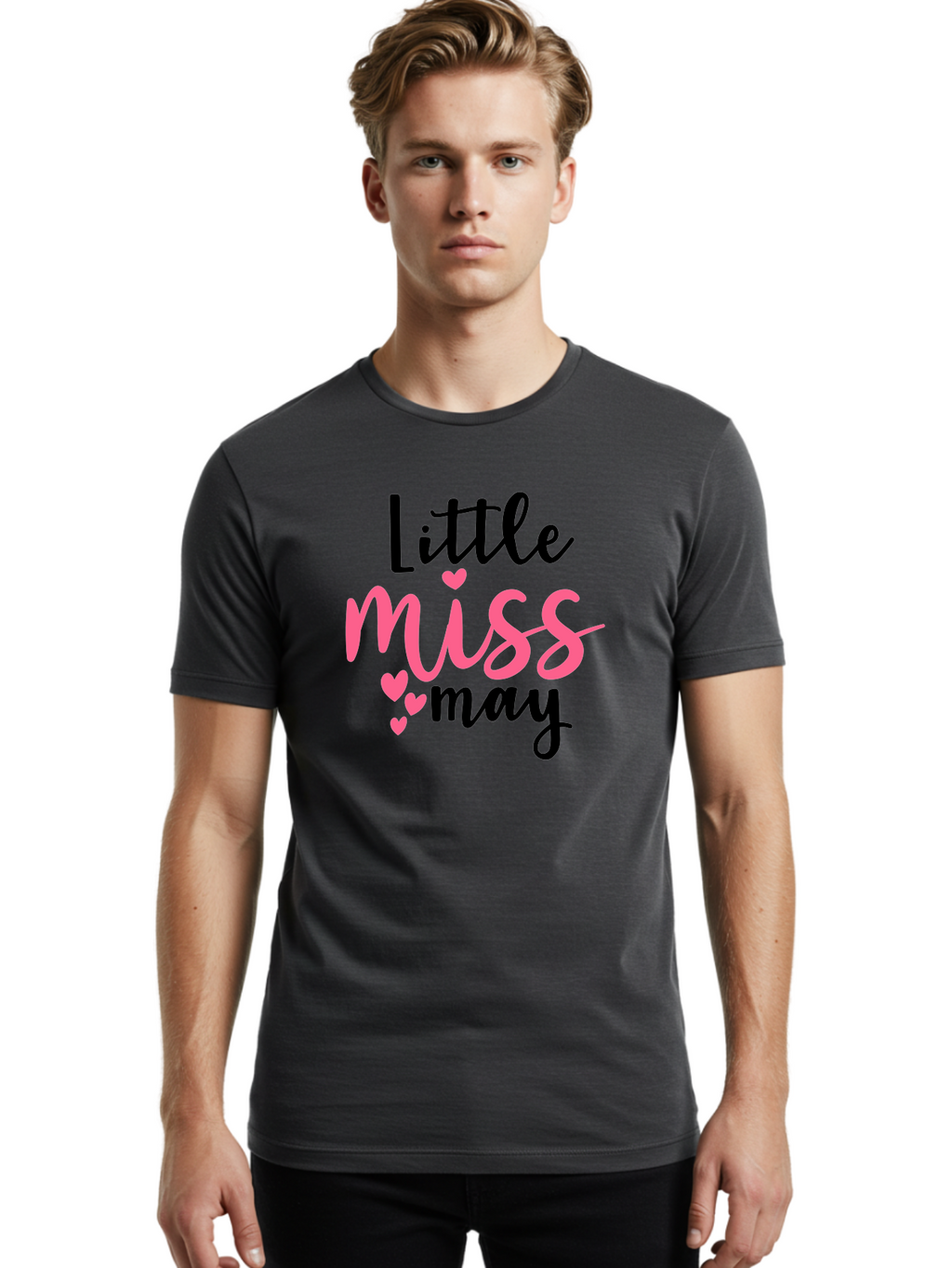 Little-Miss-May Men'S Graphic Tee, 100% Cotton, Comfortable Casual Summer Wear, Machine Washable, Cute Typography, Feminine Design, Heart Motifs, Little Miss May, Sweet Aesthetic, Playful Hearts, Girly Vibe, Whimsical Style Aad432