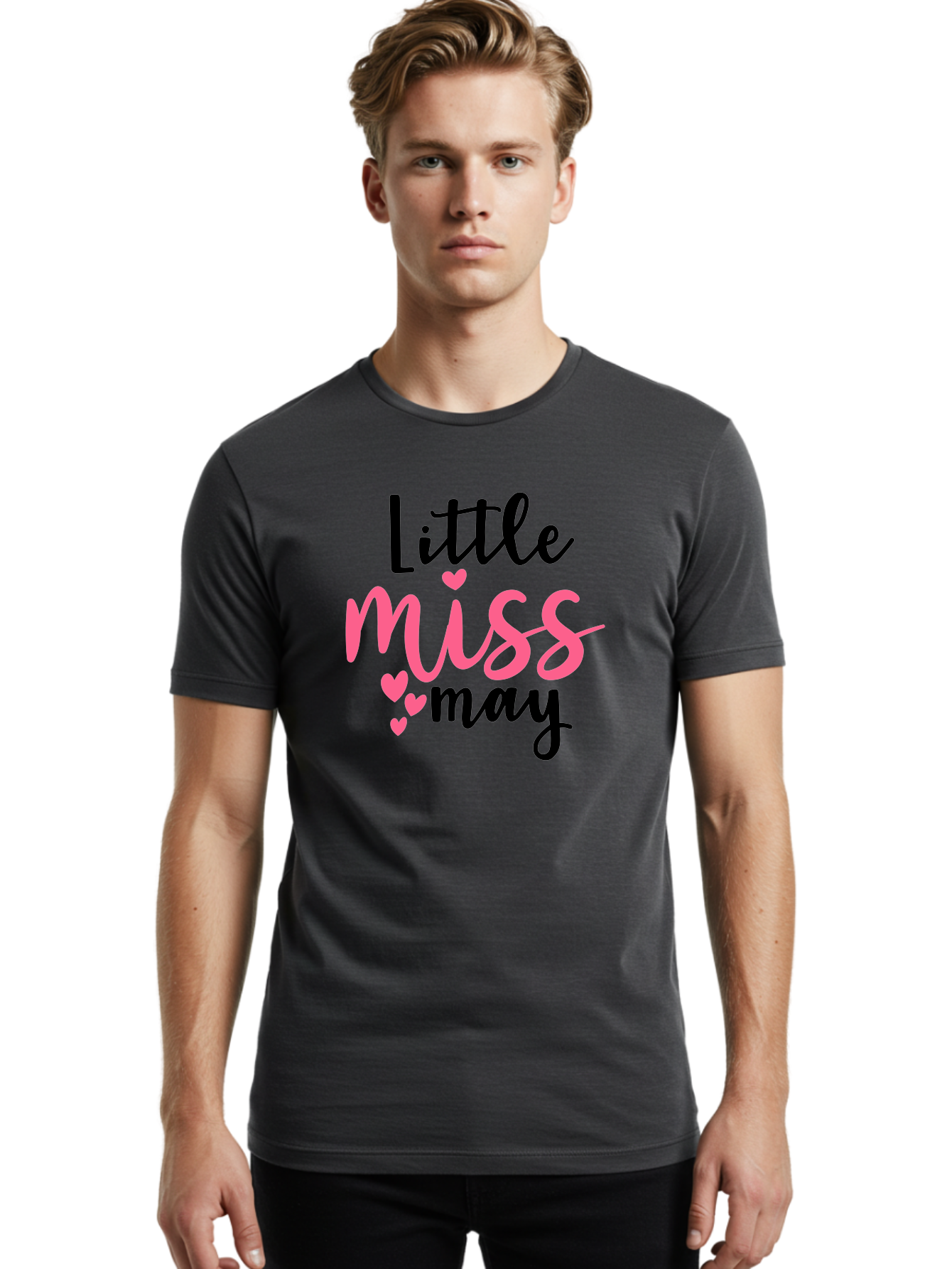 Little-Miss-May Men'S Graphic Tee, 100% Cotton, Comfortable Casual Summer Wear, Machine Washable, Cute Typography, Feminine Design, Heart Motifs, Little Miss May, Sweet Aesthetic, Playful Hearts, Girly Vibe, Whimsical Style Aad432