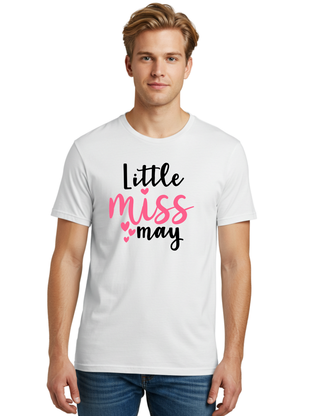 Little-Miss-May Men'S Graphic Tee, 100% Cotton, Comfortable Casual Summer Wear, Machine Washable, Cute Typography, Feminine Design, Heart Motifs, Little Miss May, Sweet Aesthetic, Playful Hearts, Girly Vibe, Whimsical Style Aad432