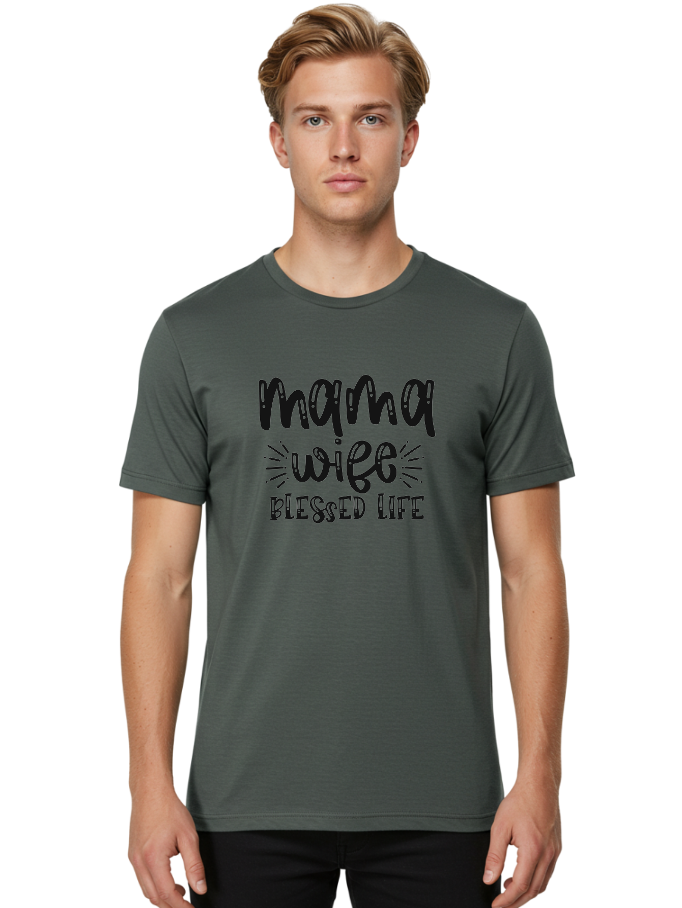 Mama-Wife-Blessed-Life Men'S Graphic Tee, 100% Cotton, Comfortable Casual Summer Wear, Machine Washable, Mama Wife Blessed Life, Inspirational Quotes, Motivational Phrases, Motherhood, Marriage, Faith, Positive Affirmations, Family Values, Aad436