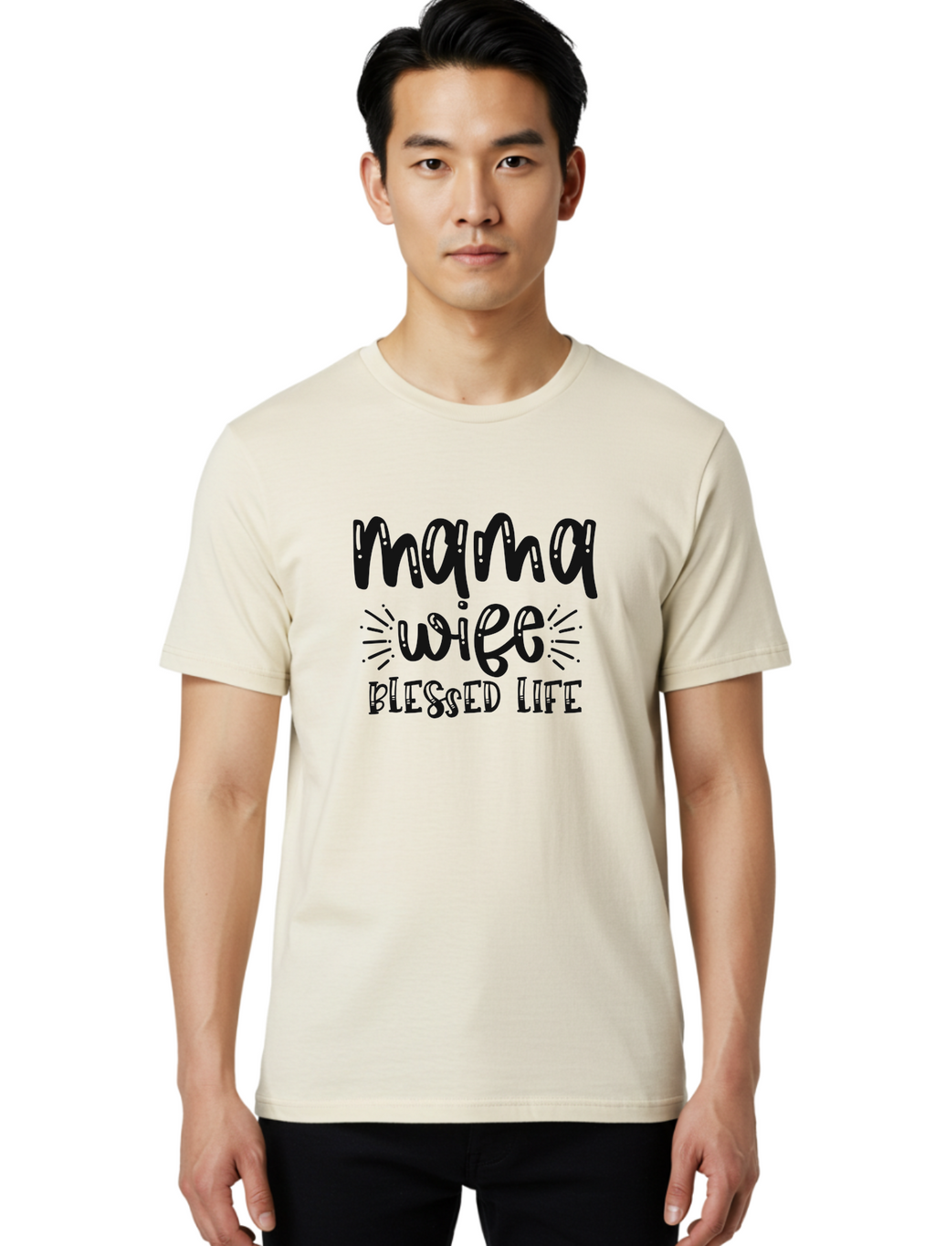 Mama-Wife-Blessed-Life Men'S Graphic Tee, 100% Cotton, Comfortable Casual Summer Wear, Machine Washable, Mama Wife Blessed Life, Inspirational Quotes, Motivational Phrases, Motherhood, Marriage, Faith, Positive Affirmations, Family Values, Aad436