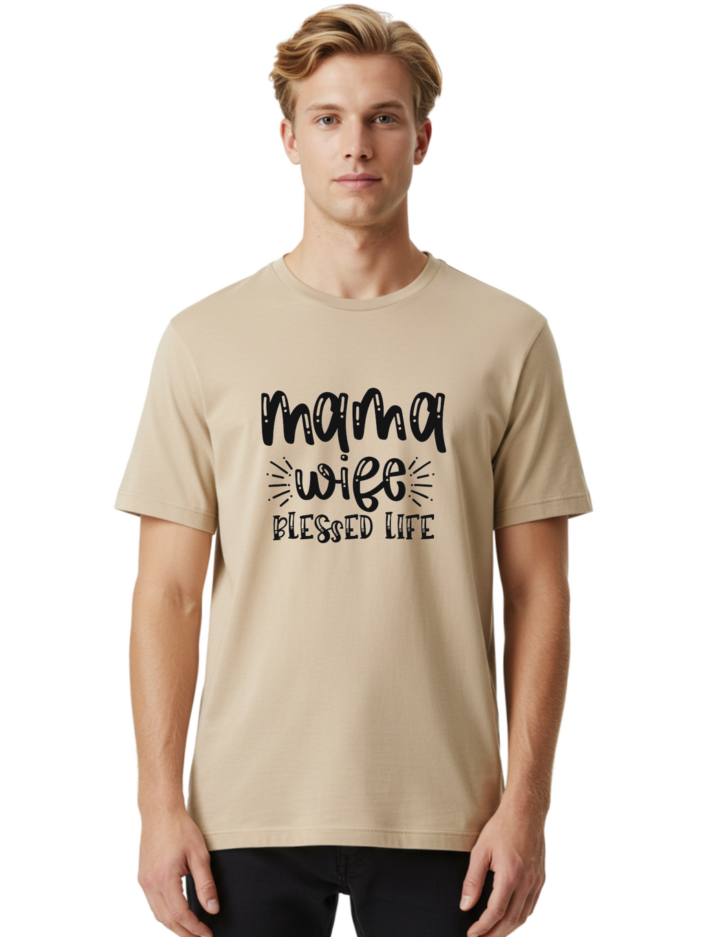 Mama-Wife-Blessed-Life Men'S Graphic Tee, 100% Cotton, Comfortable Casual Summer Wear, Machine Washable, Mama Wife Blessed Life, Inspirational Quotes, Motivational Phrases, Motherhood, Marriage, Faith, Positive Affirmations, Family Values, Aad436